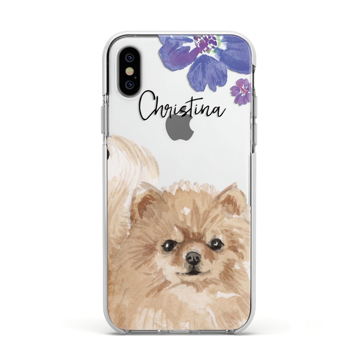 Personalised Pomeranian Apple iPhone Xs Impact Case White Edge on Silver Phone