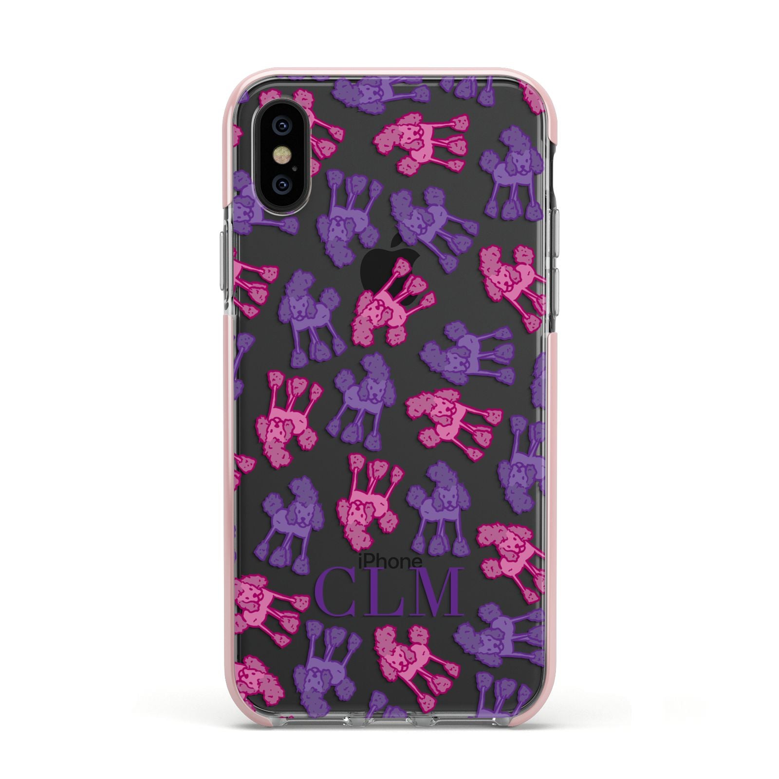 Personalised Poodle Initials Clear Apple iPhone Xs Impact Case Pink Edge on Black Phone