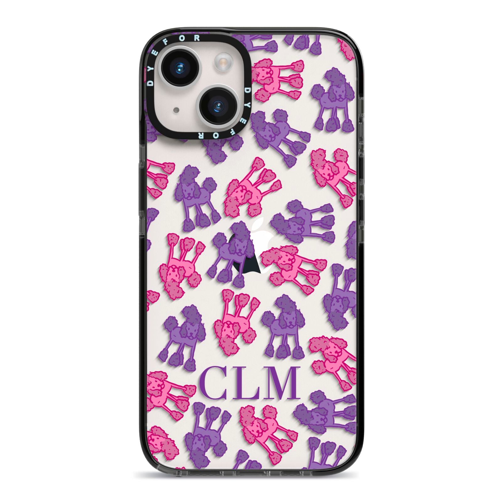 Personalised Poodle Initials Clear iPhone 14 Black Impact Case on Silver phone