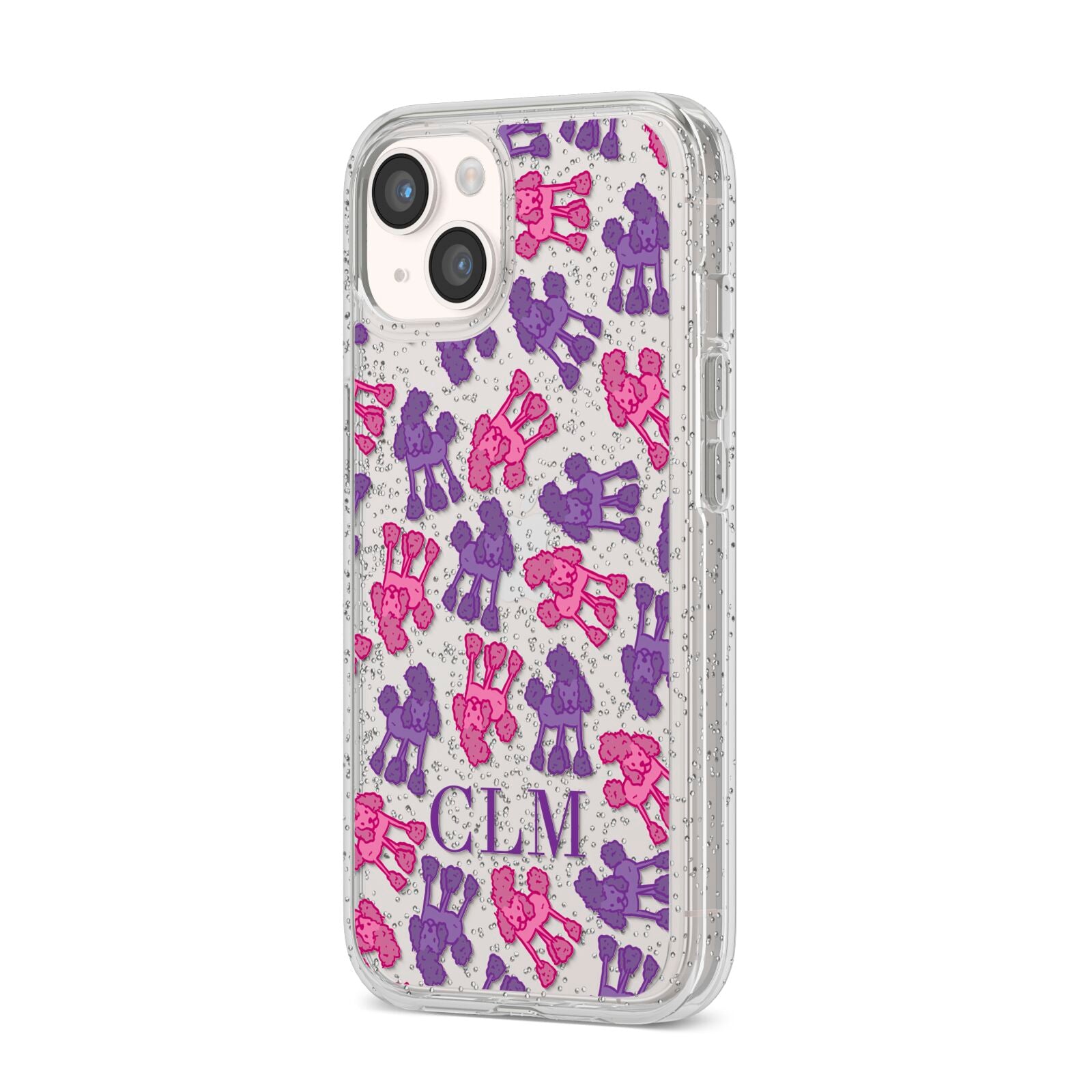 Personalised Poodle Initials Clear iPhone 14 Glitter Tough Case Starlight Angled Image