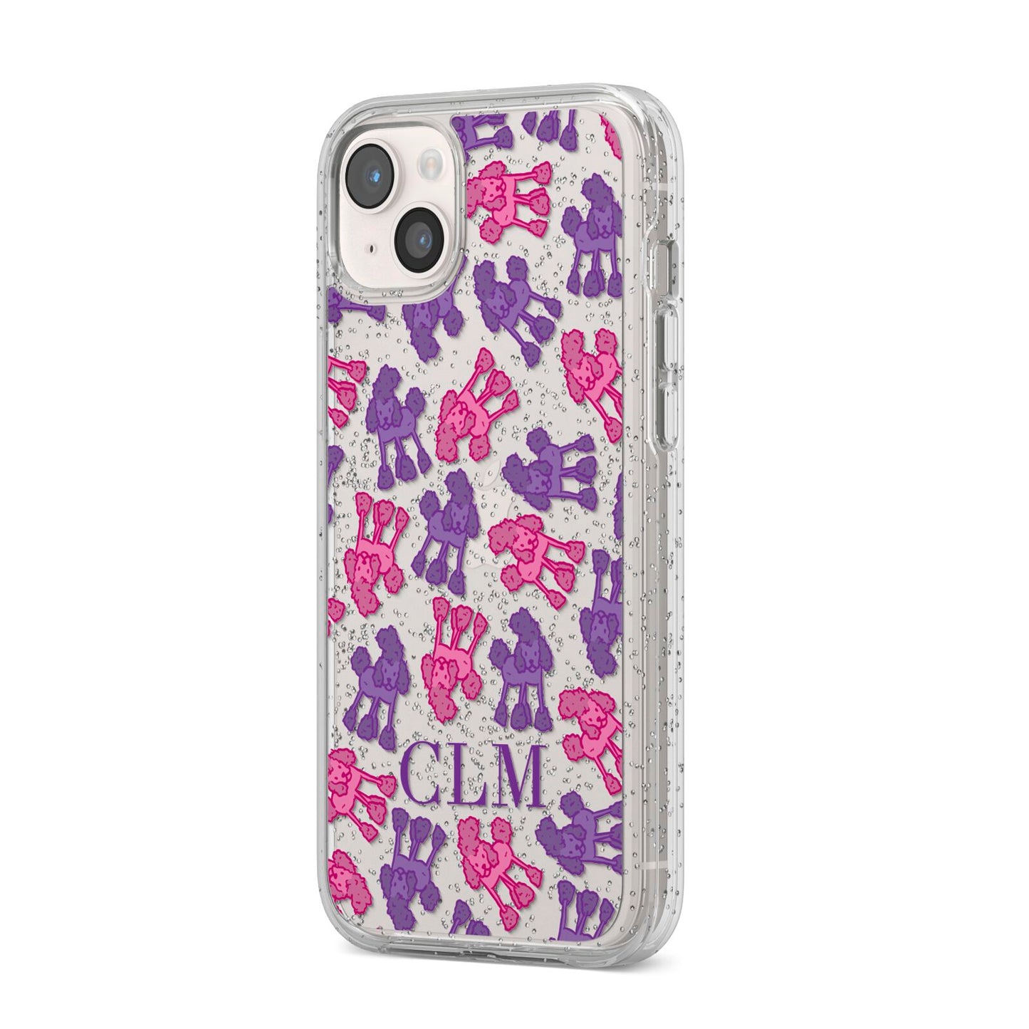 Personalised Poodle Initials Clear iPhone 14 Plus Glitter Tough Case Starlight Angled Image