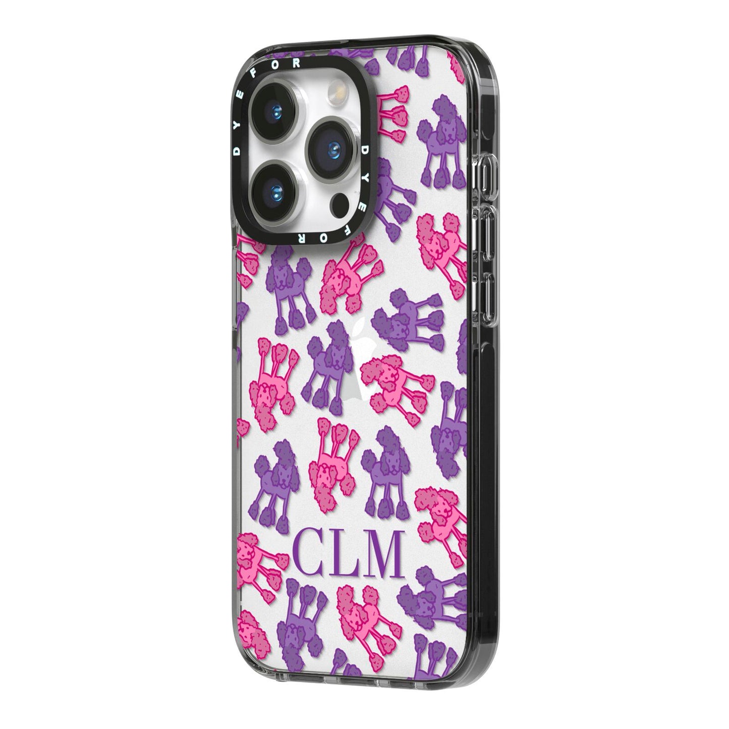 Personalised Poodle Initials Clear iPhone 14 Pro Black Impact Case Side Angle on Silver phone