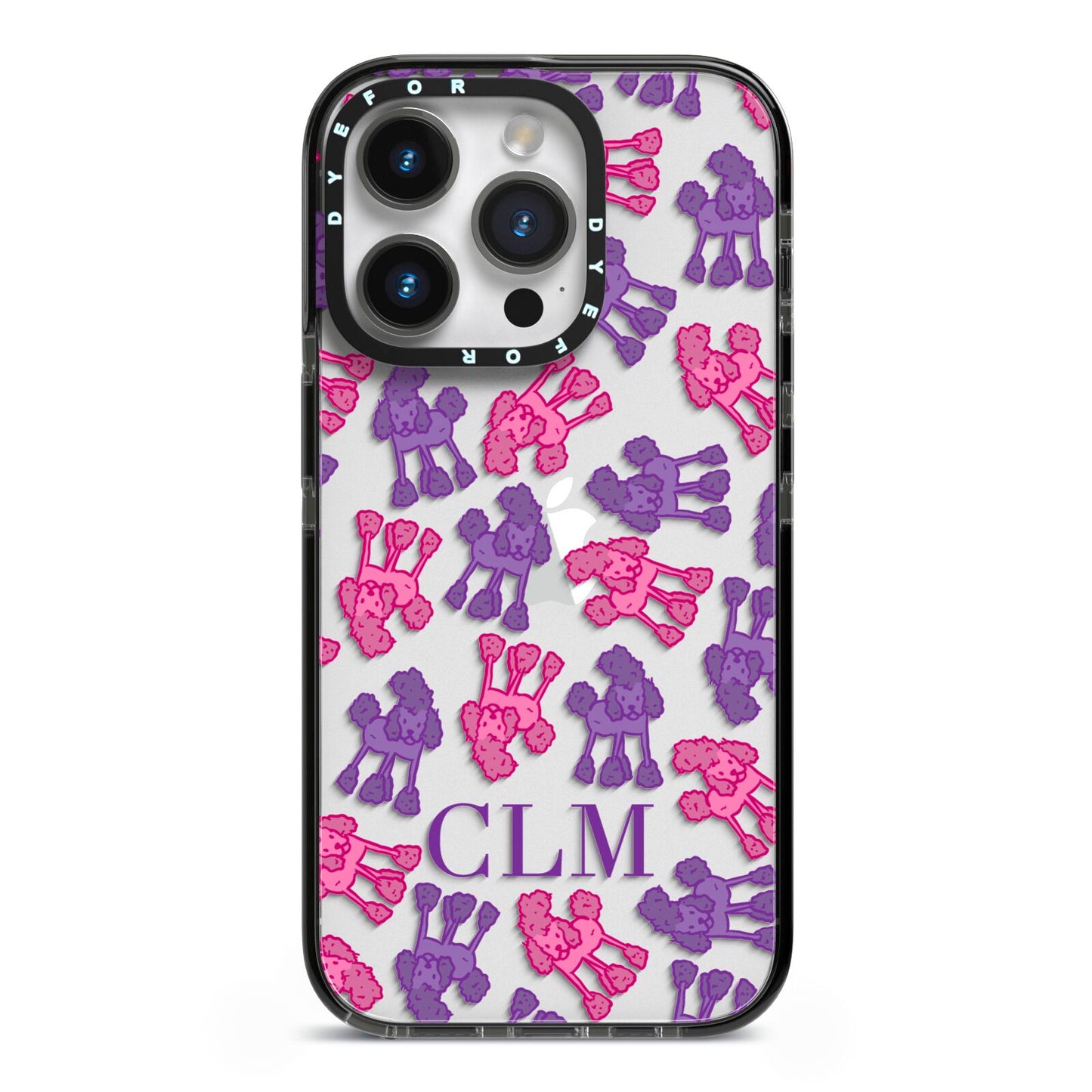 Personalised Poodle Initials Clear iPhone 14 Pro Black Impact Case on Silver phone