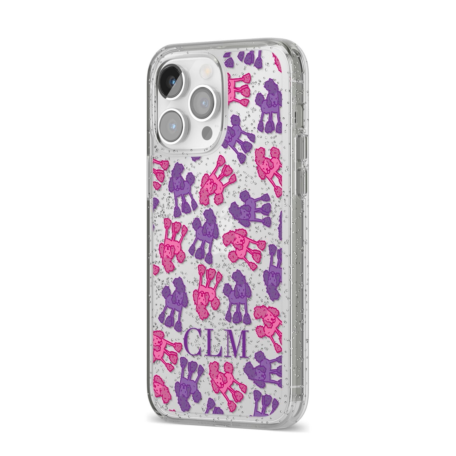 Personalised Poodle Initials Clear iPhone 14 Pro Max Glitter Tough Case Silver Angled Image