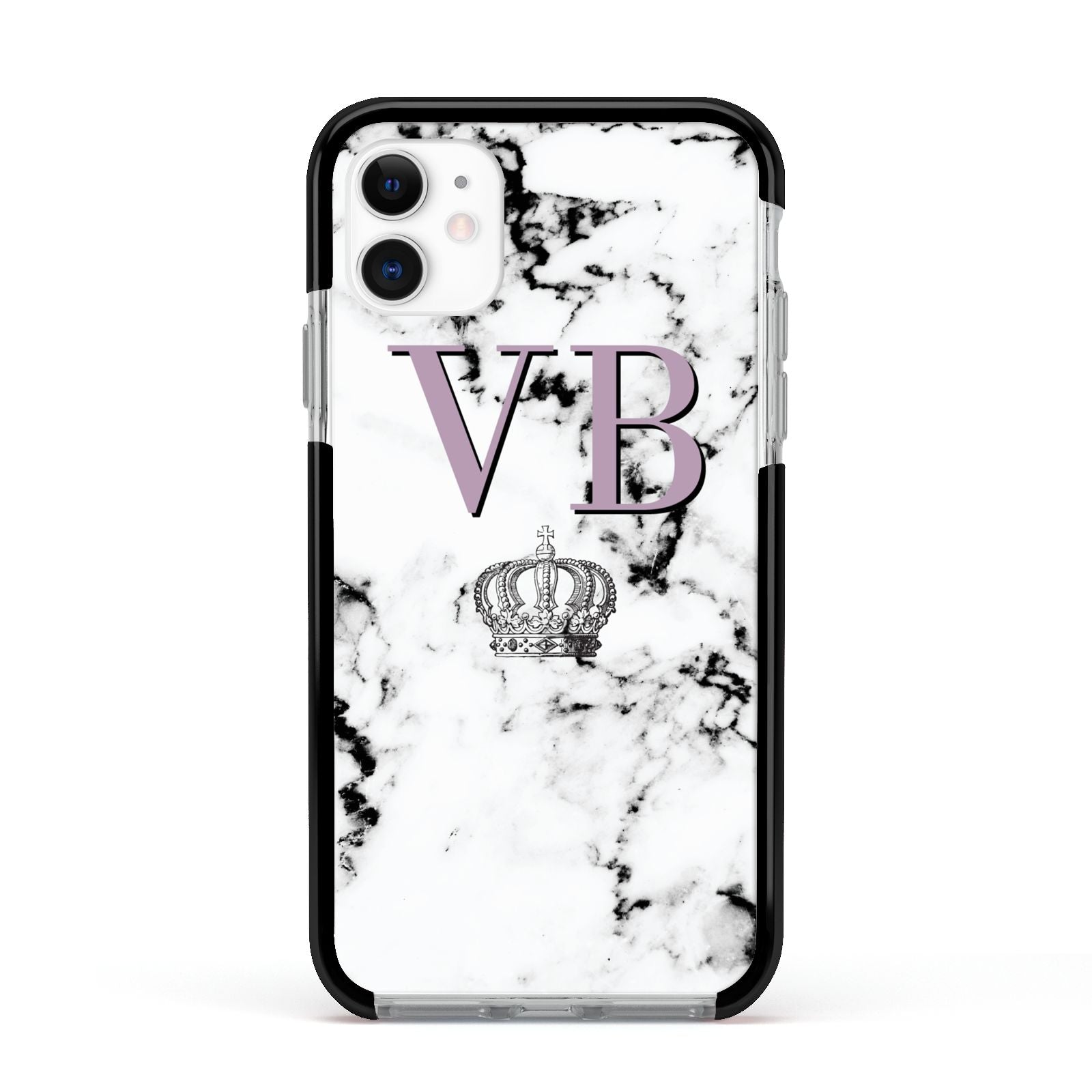 Personalised Princess Crown Initials Marble Apple iPhone 11 in White with Black Impact Case