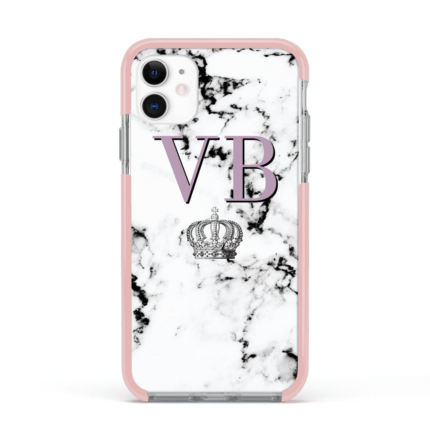 Personalised Princess Crown Initials Marble Apple iPhone 11 in White with Pink Impact Case