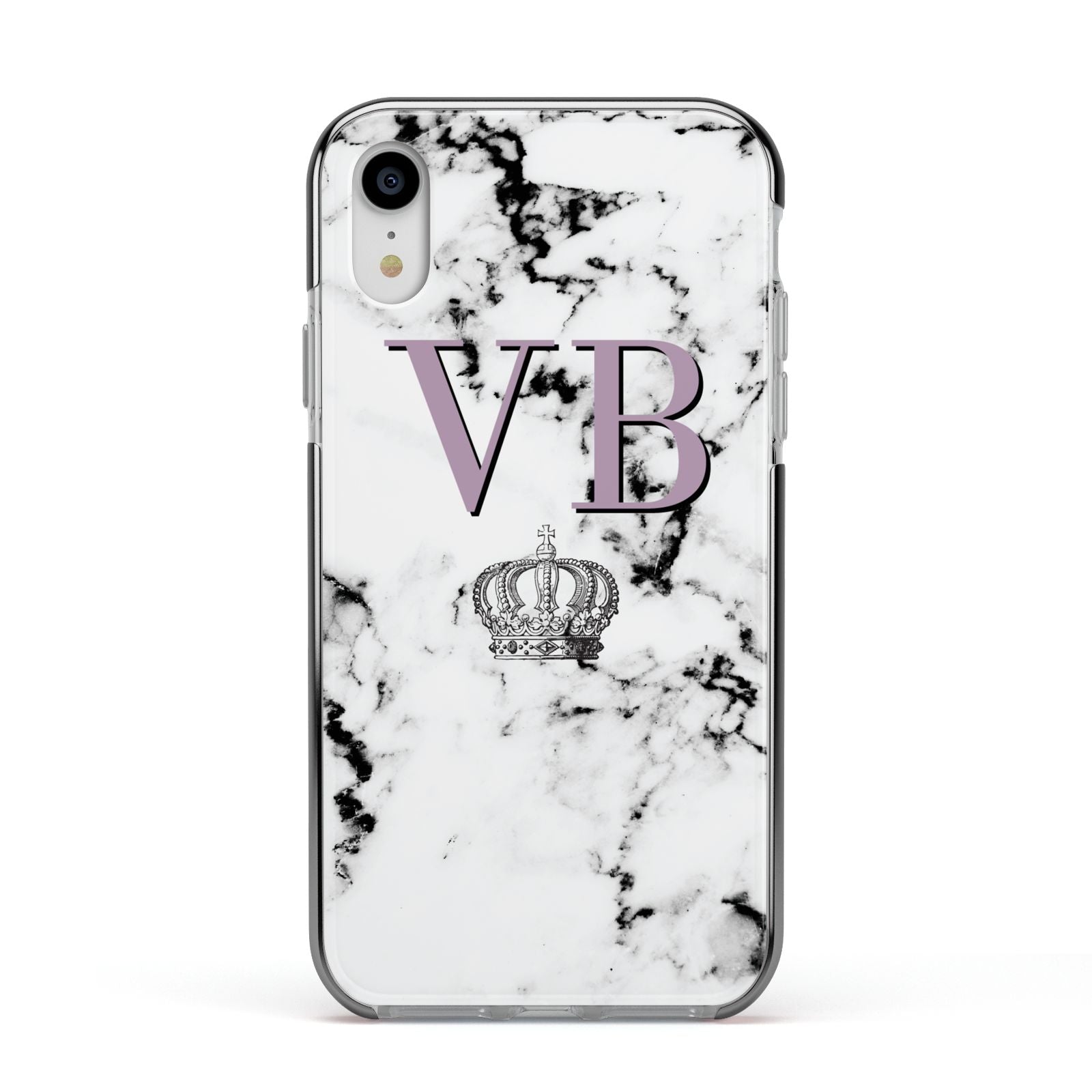 Personalised Princess Crown Initials Marble Apple iPhone XR Impact Case Black Edge on Silver Phone