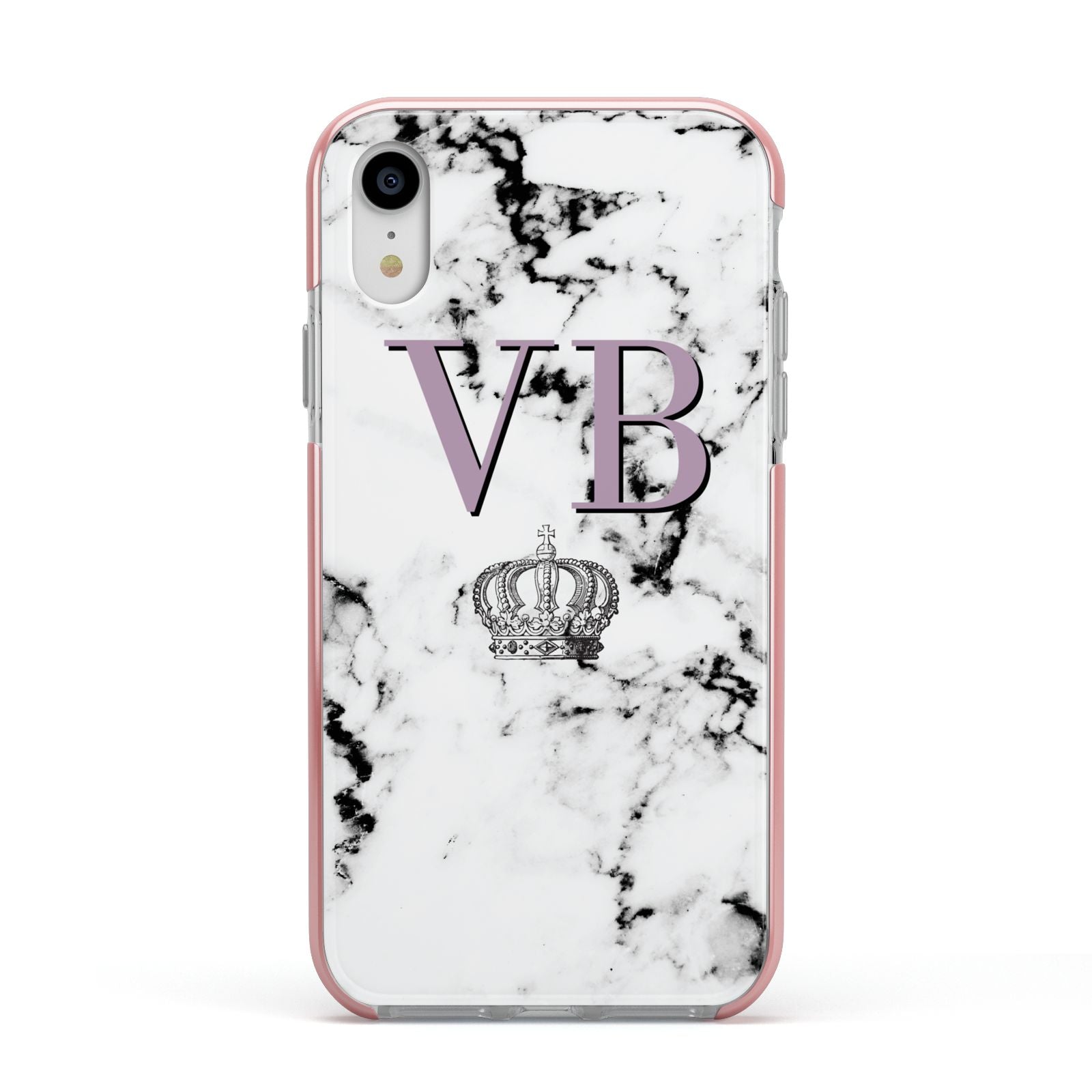 Personalised Princess Crown Initials Marble Apple iPhone XR Impact Case Pink Edge on Silver Phone