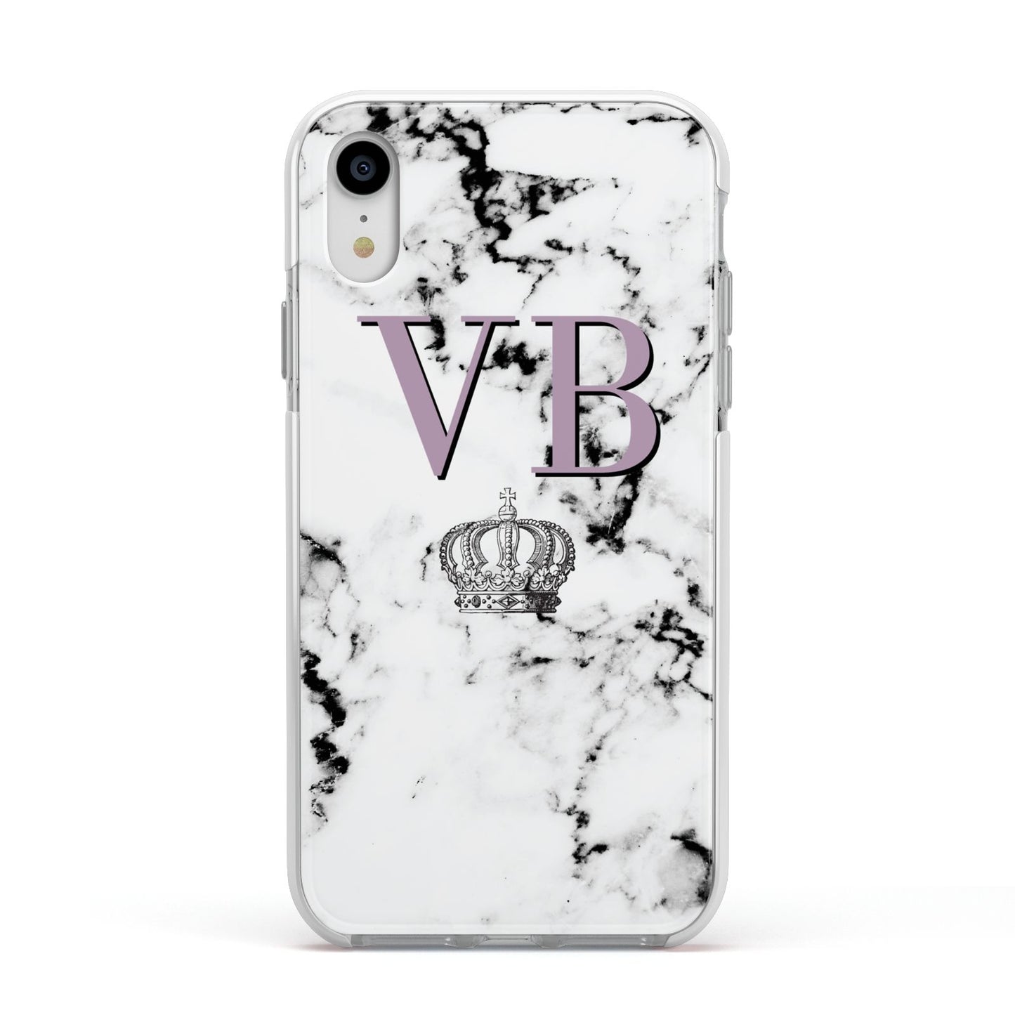 Personalised Princess Crown Initials Marble Apple iPhone XR Impact Case White Edge on Silver Phone