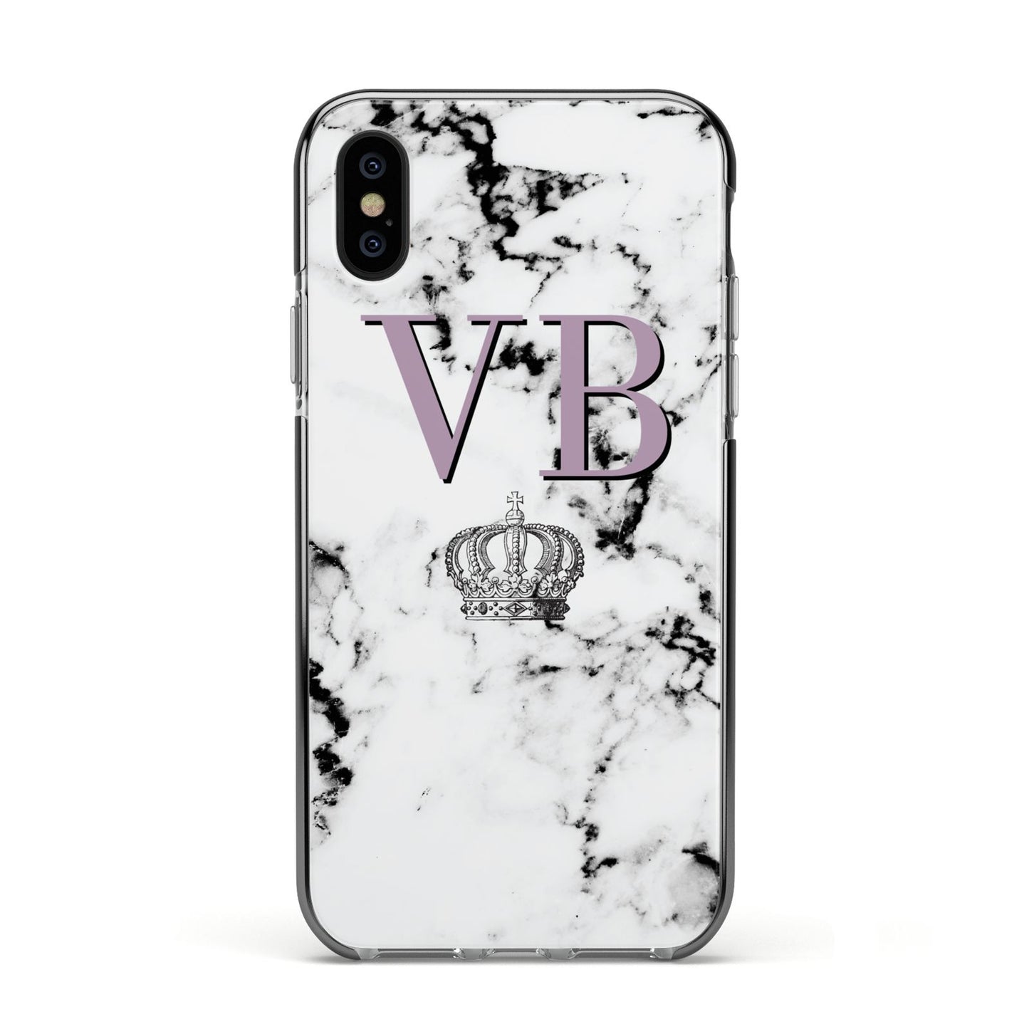 Personalised Princess Crown Initials Marble Apple iPhone Xs Impact Case Black Edge on Black Phone