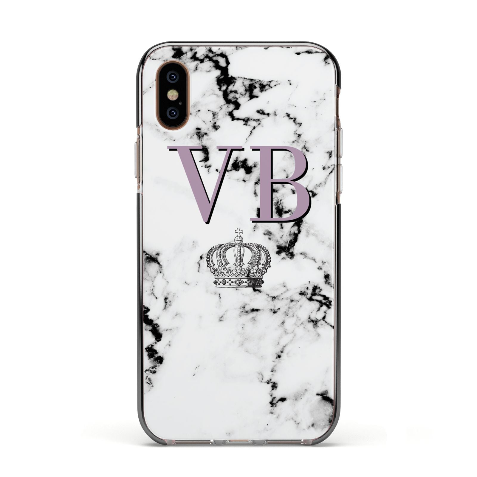 Personalised Princess Crown Initials Marble Apple iPhone Xs Impact Case Black Edge on Gold Phone