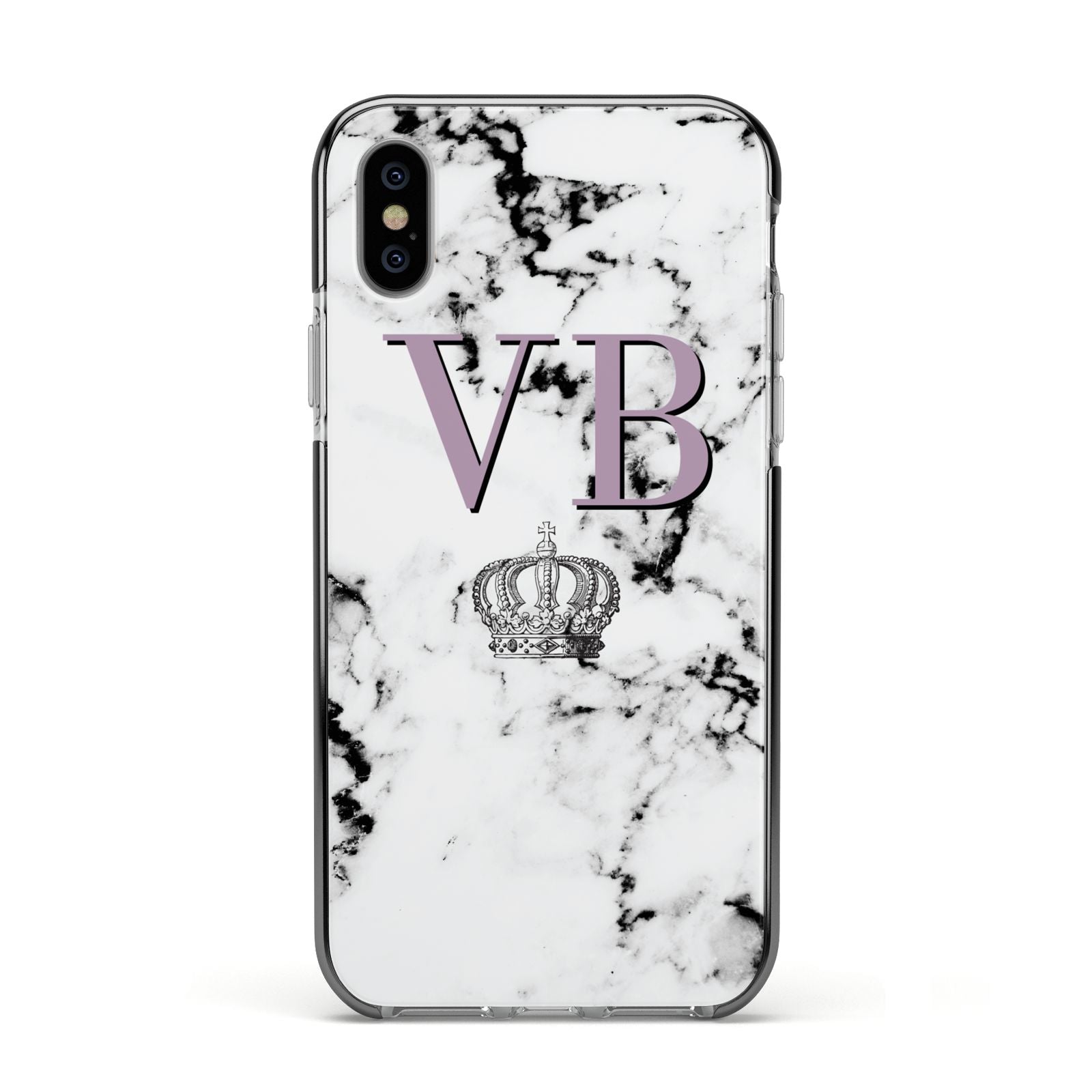 Personalised Princess Crown Initials Marble Apple iPhone Xs Impact Case Black Edge on Silver Phone