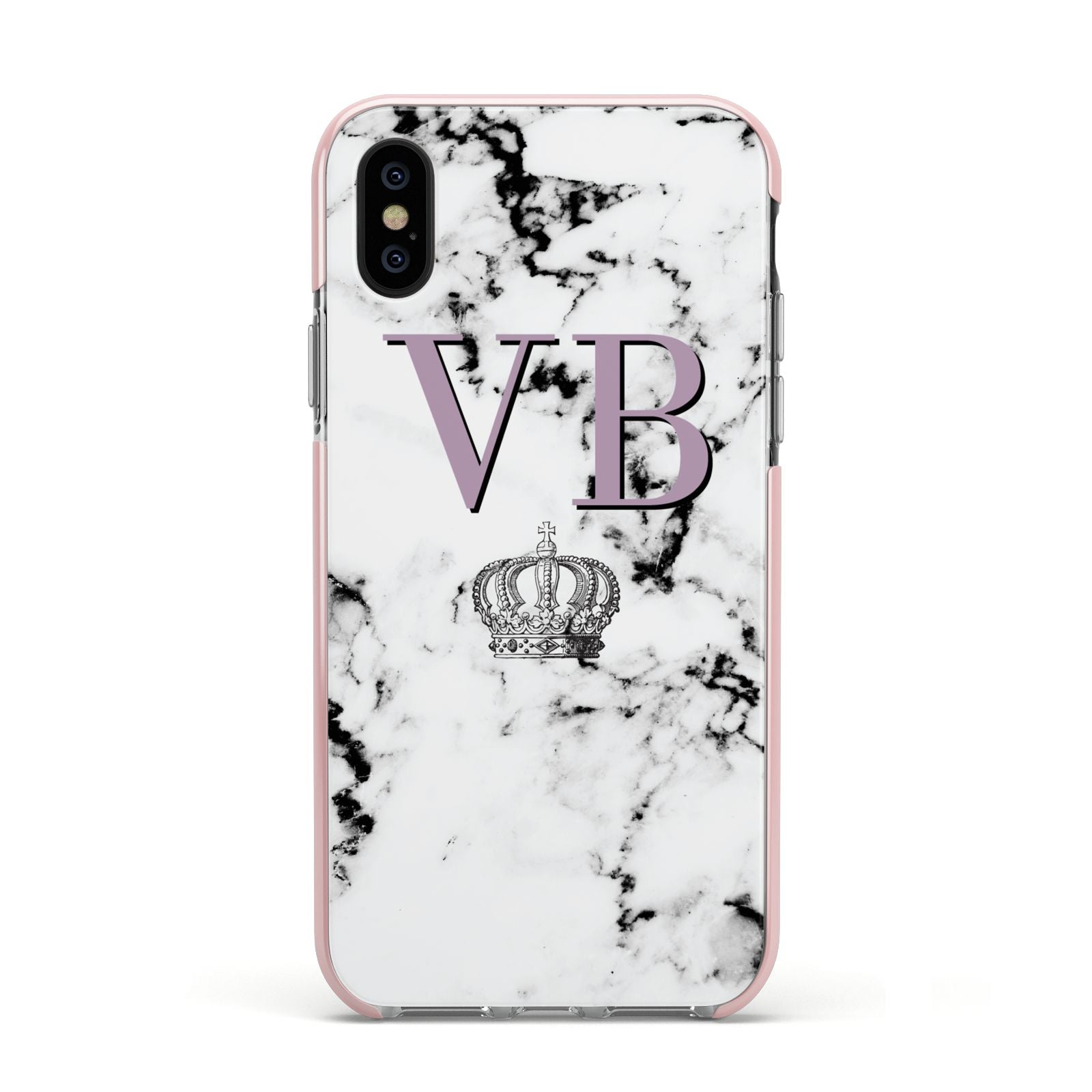 Personalised Princess Crown Initials Marble Apple iPhone Xs Impact Case Pink Edge on Black Phone