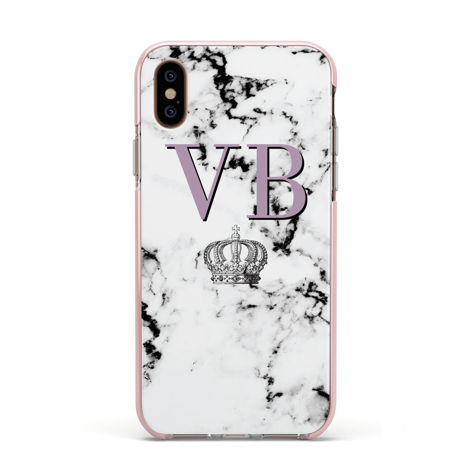 Personalised Princess Crown Initials Marble Apple iPhone Xs Impact Case Pink Edge on Gold Phone