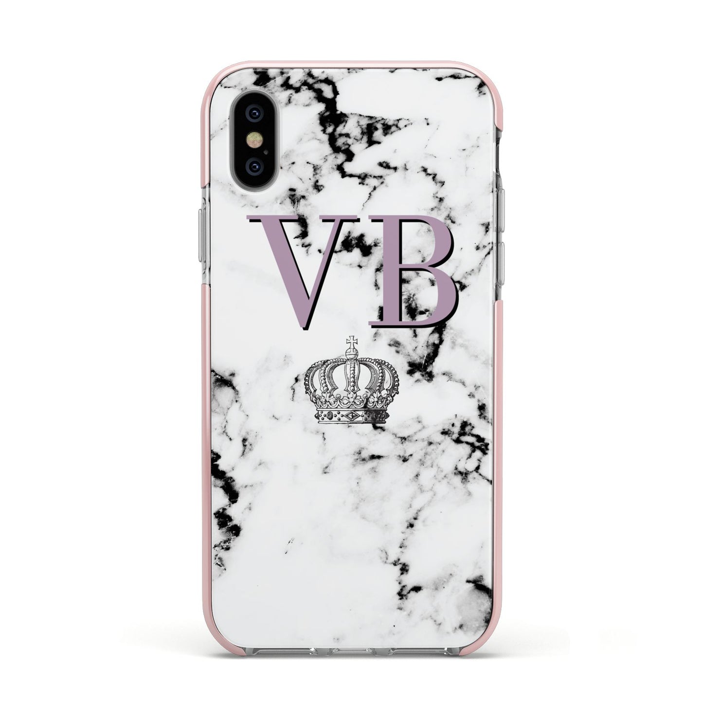 Personalised Princess Crown Initials Marble Apple iPhone Xs Impact Case Pink Edge on Silver Phone