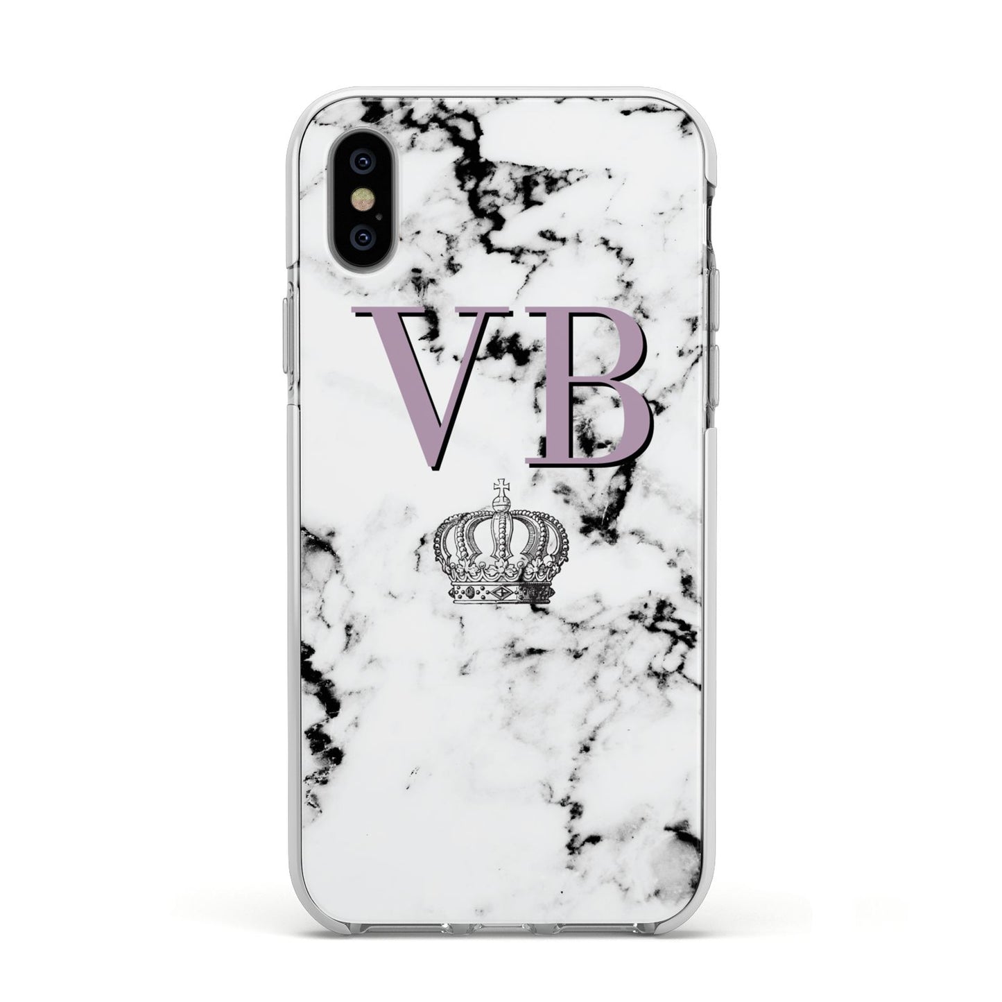 Personalised Princess Crown Initials Marble Apple iPhone Xs Impact Case White Edge on Silver Phone