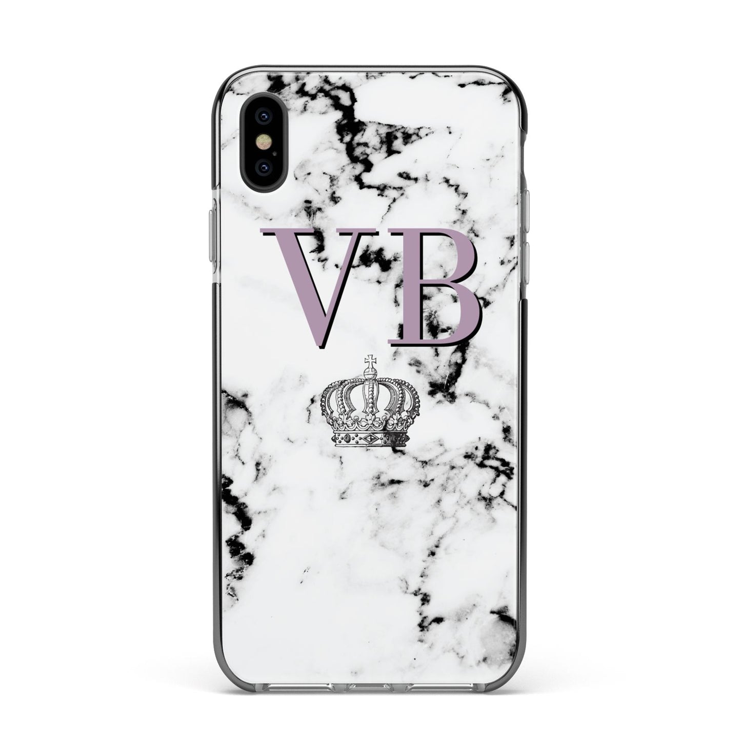 Personalised Princess Crown Initials Marble Apple iPhone Xs Max Impact Case Black Edge on Black Phone