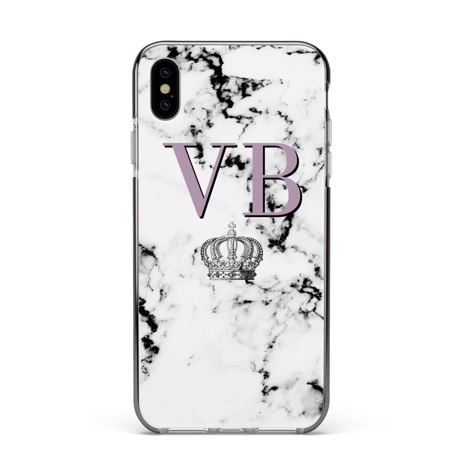 Personalised Princess Crown Initials Marble Apple iPhone Xs Max Impact Case Black Edge on Silver Phone