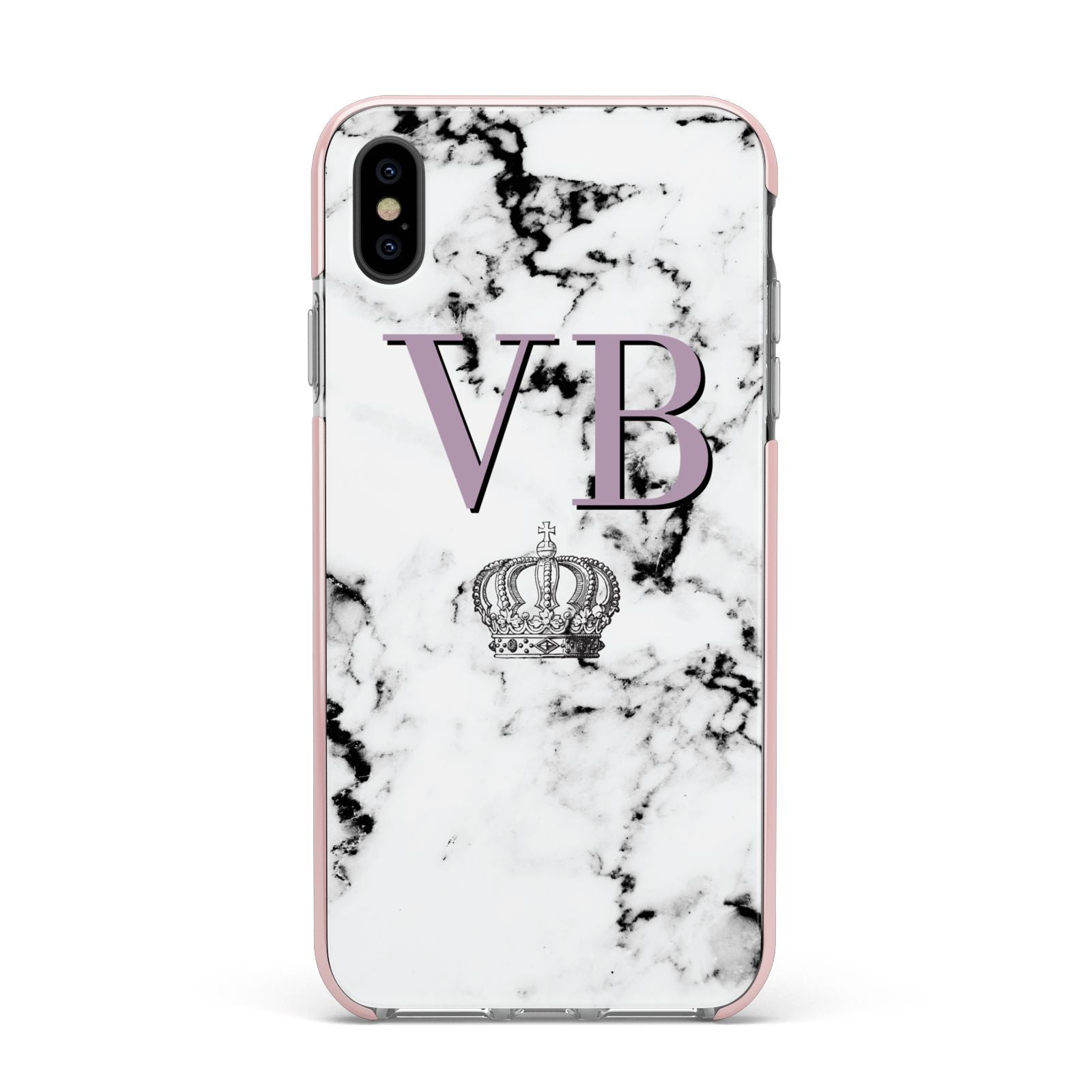 Personalised Princess Crown Initials Marble Apple iPhone Xs Max Impact Case Pink Edge on Black Phone