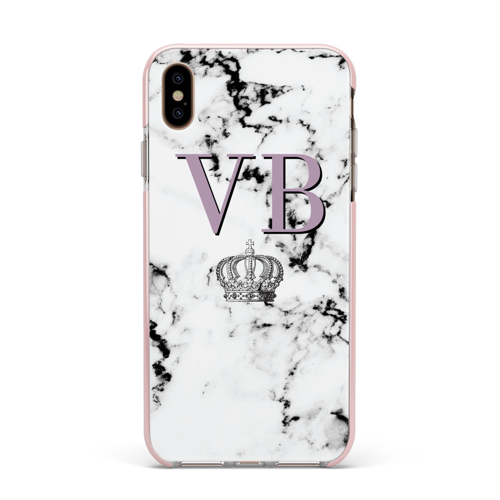 Personalised Princess Crown Initials Marble Apple iPhone Xs Max Impact Case Pink Edge on Gold Phone