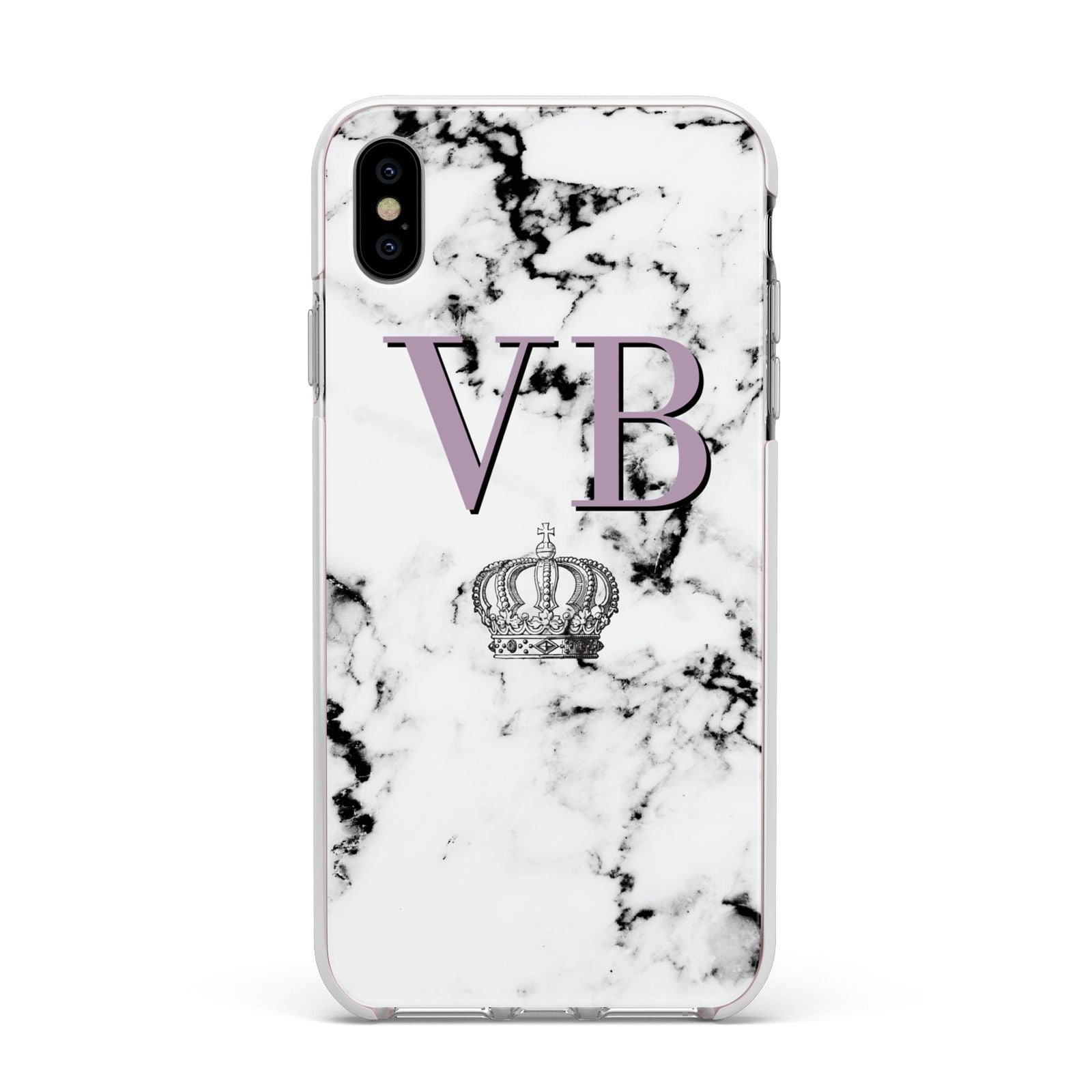 Personalised Princess Crown Initials Marble Apple iPhone Xs Max Impact Case White Edge on Silver Phone