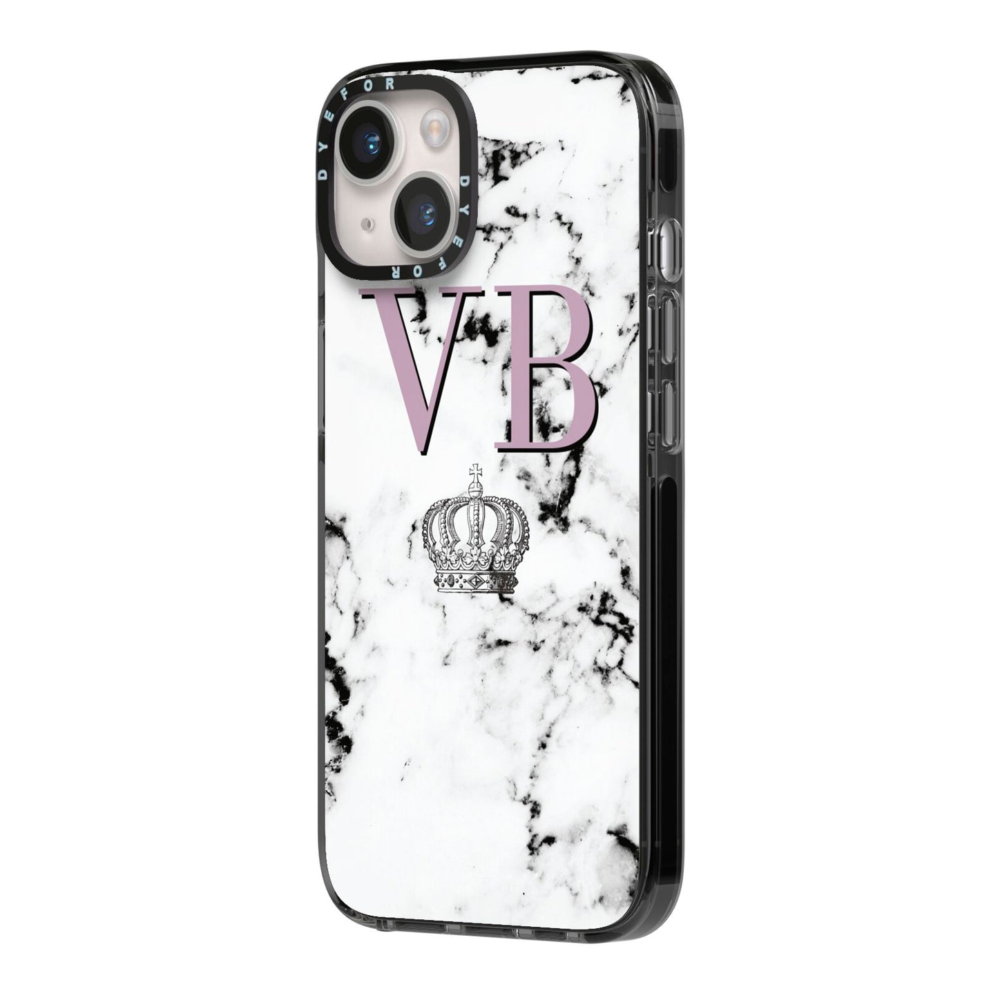 Personalised Princess Crown Initials Marble iPhone 14 Black Impact Case Side Angle on Silver phone