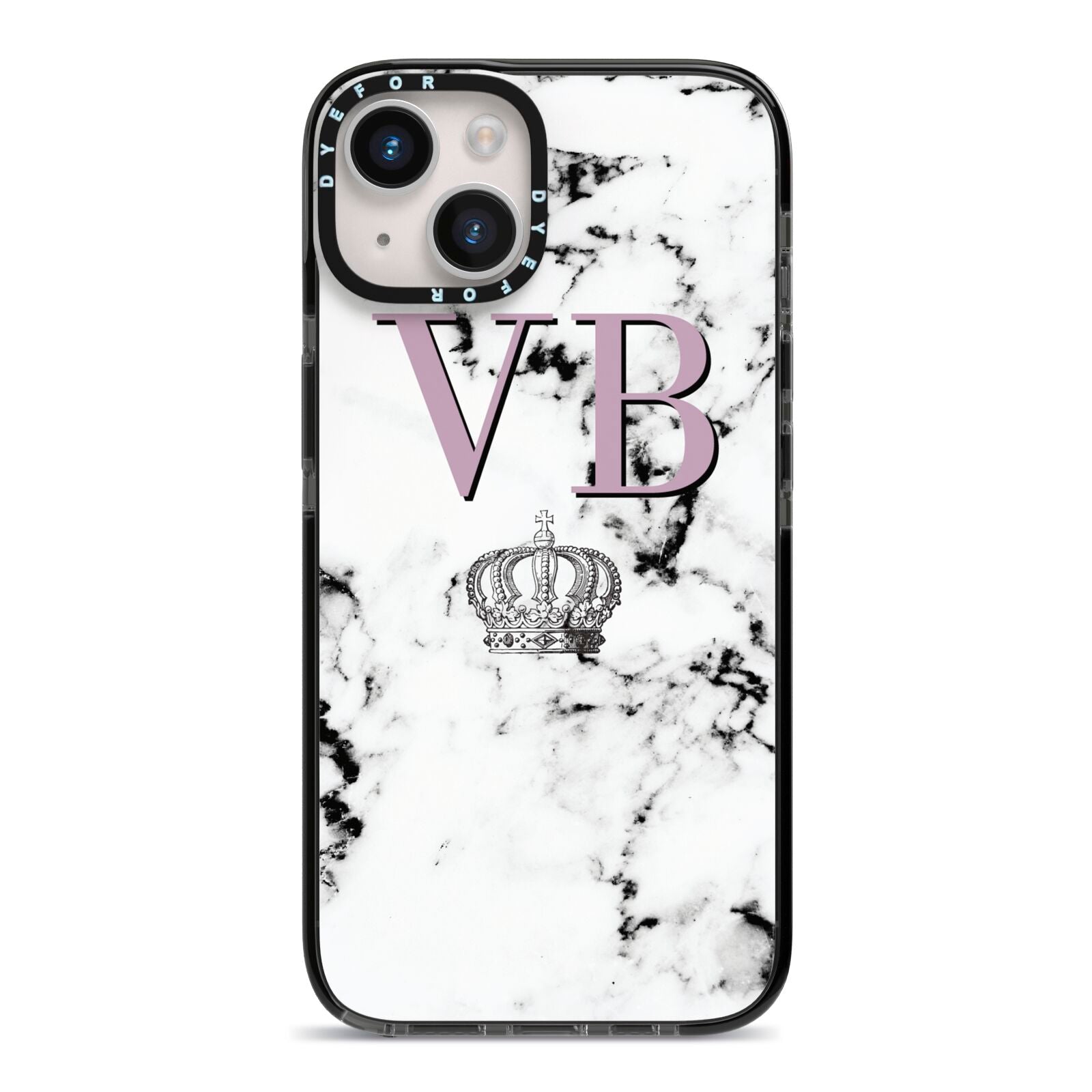 Personalised Princess Crown Initials Marble iPhone 14 Black Impact Case on Silver phone