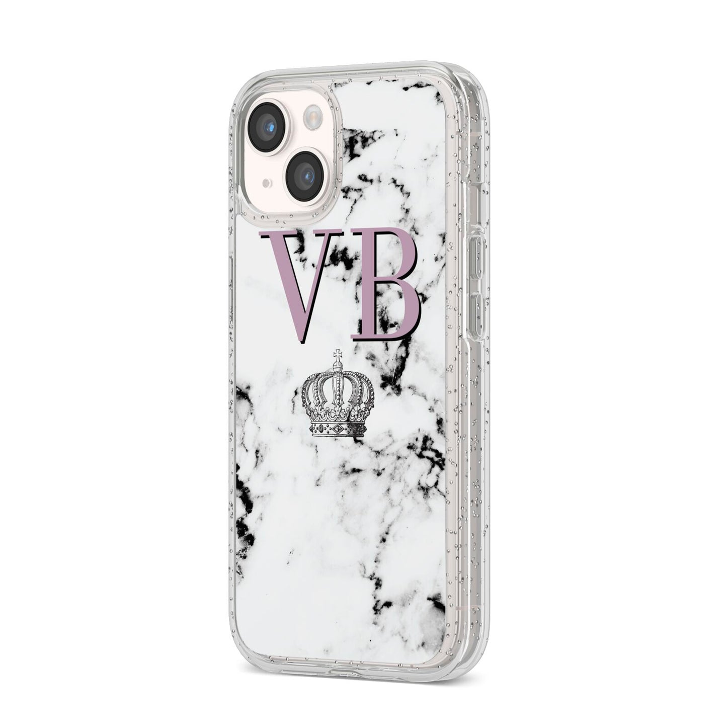 Personalised Princess Crown Initials Marble iPhone 14 Glitter Tough Case Starlight Angled Image