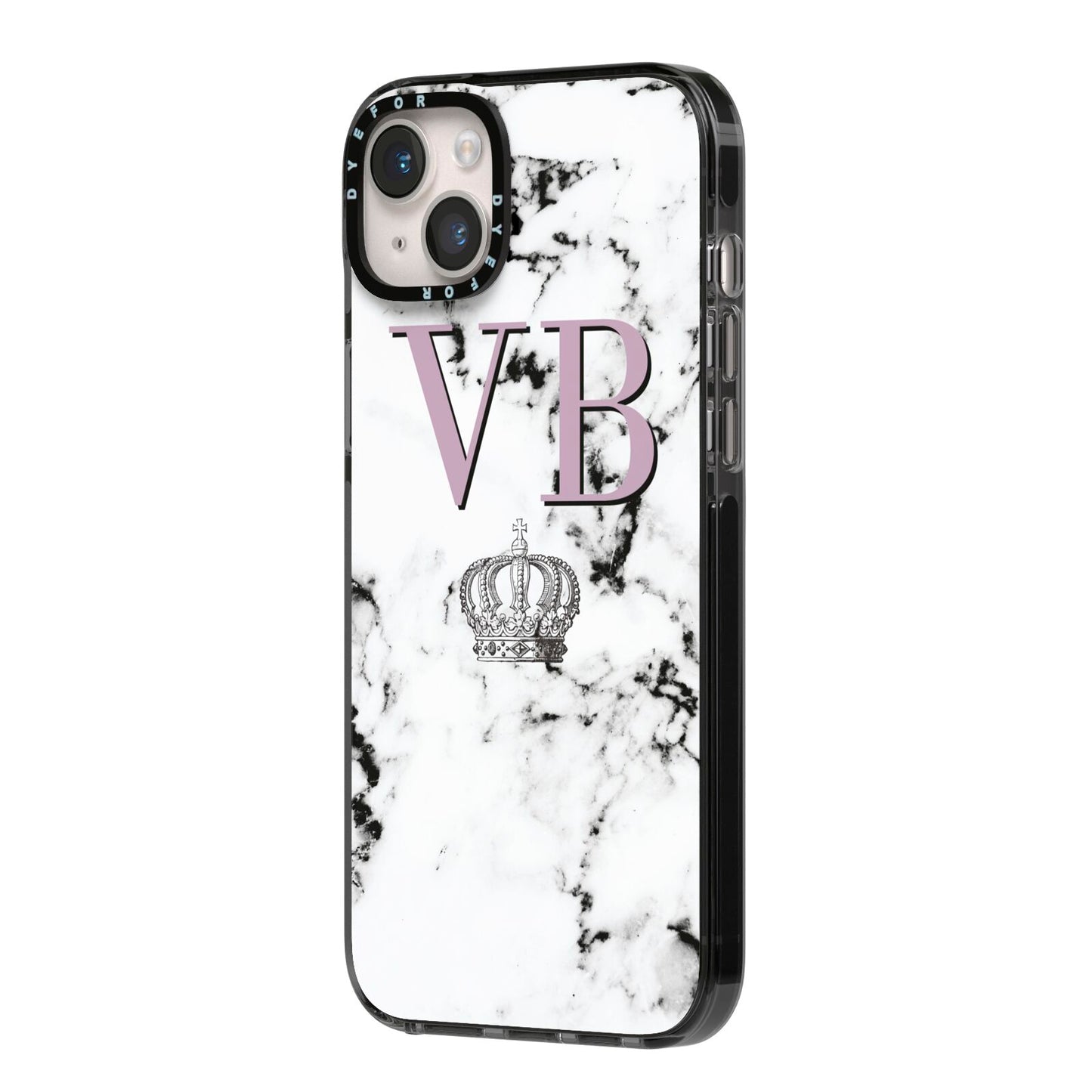 Personalised Princess Crown Initials Marble iPhone 14 Plus Black Impact Case Side Angle on Silver phone