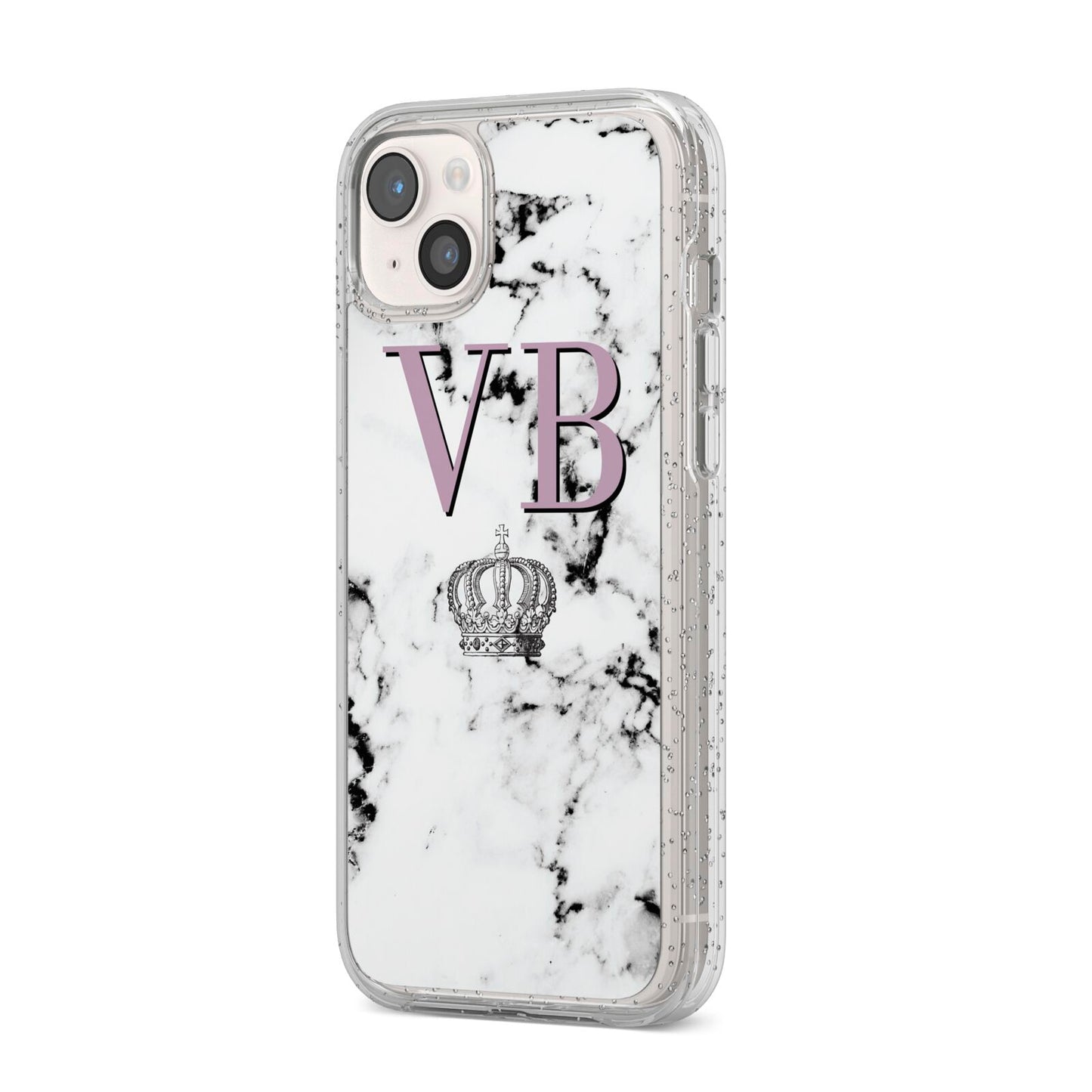 Personalised Princess Crown Initials Marble iPhone 14 Plus Glitter Tough Case Starlight Angled Image