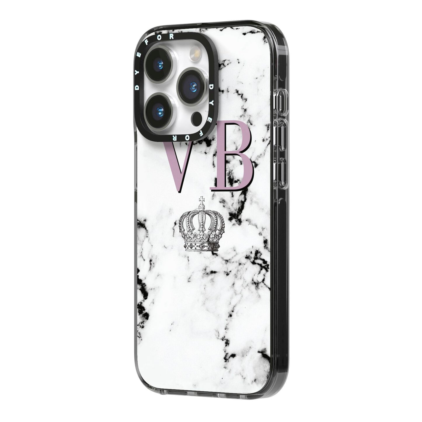 Personalised Princess Crown Initials Marble iPhone 14 Pro Black Impact Case Side Angle on Silver phone