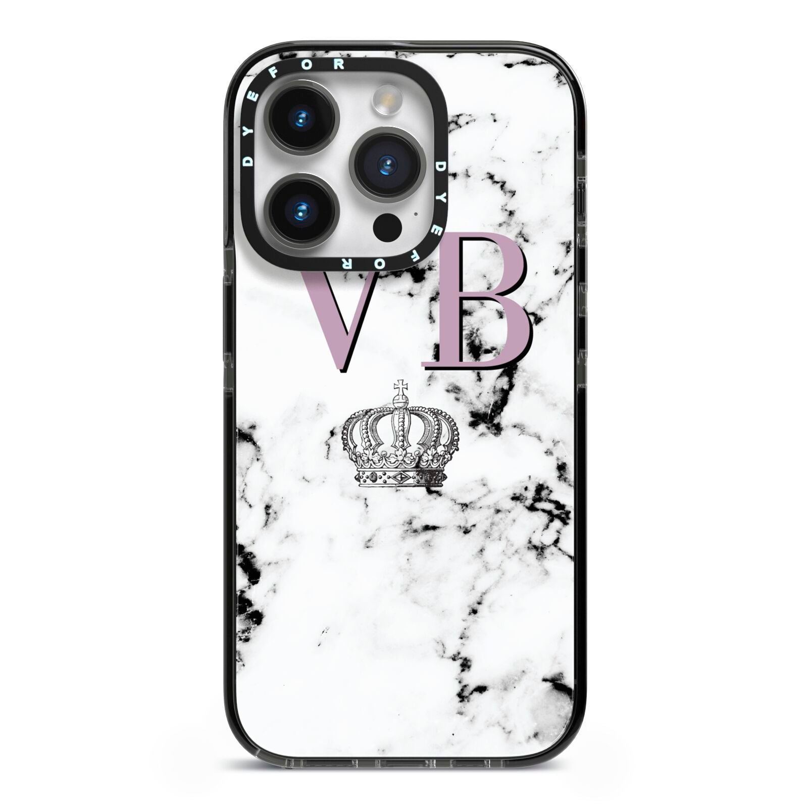 Personalised Princess Crown Initials Marble iPhone 14 Pro Black Impact Case on Silver phone