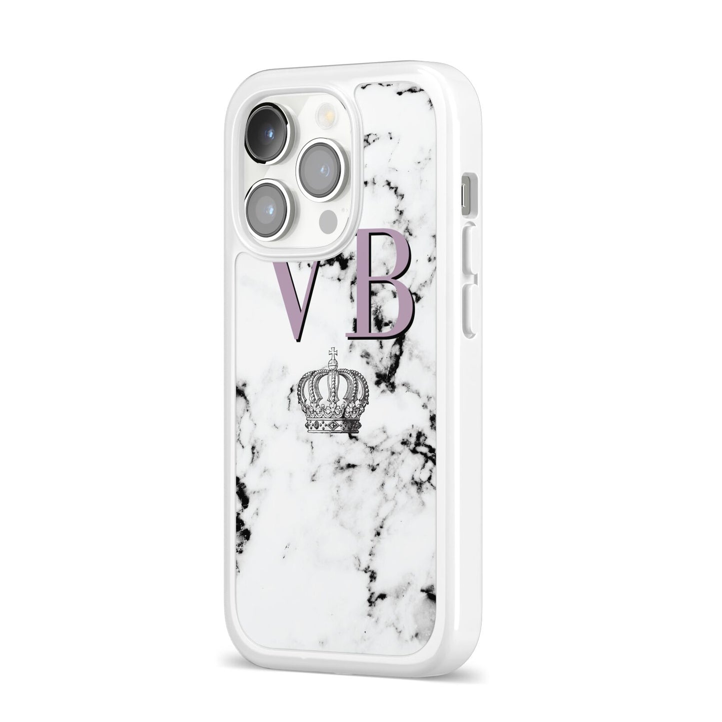 Personalised Princess Crown Initials Marble iPhone 14 Pro Clear Tough Case Silver Angled Image