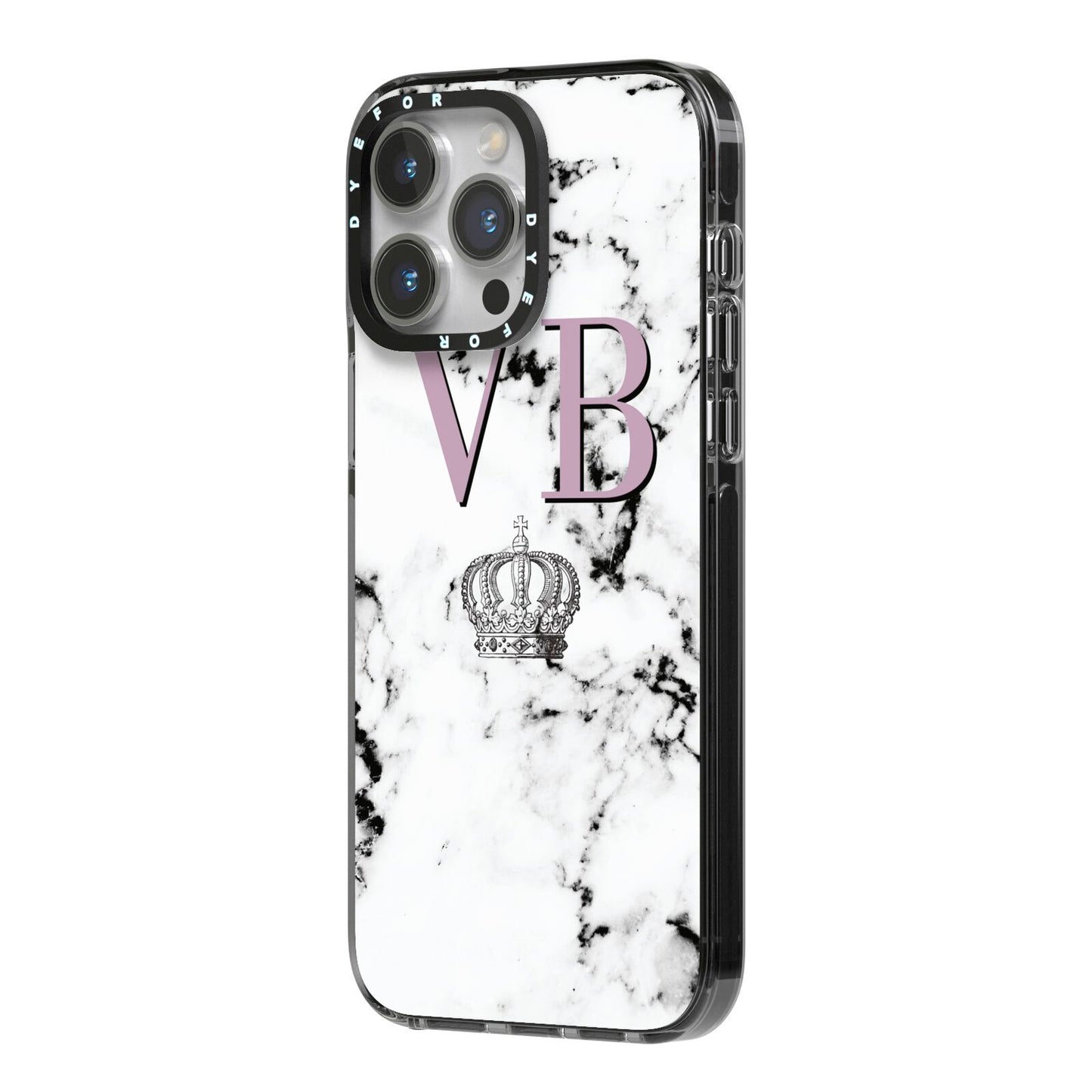 Personalised Princess Crown Initials Marble iPhone 14 Pro Max Black Impact Case Side Angle on Silver phone