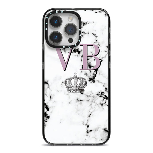 Personalised Princess Crown Initials Marble iPhone 14 Pro Max Black Impact Case on Silver phone