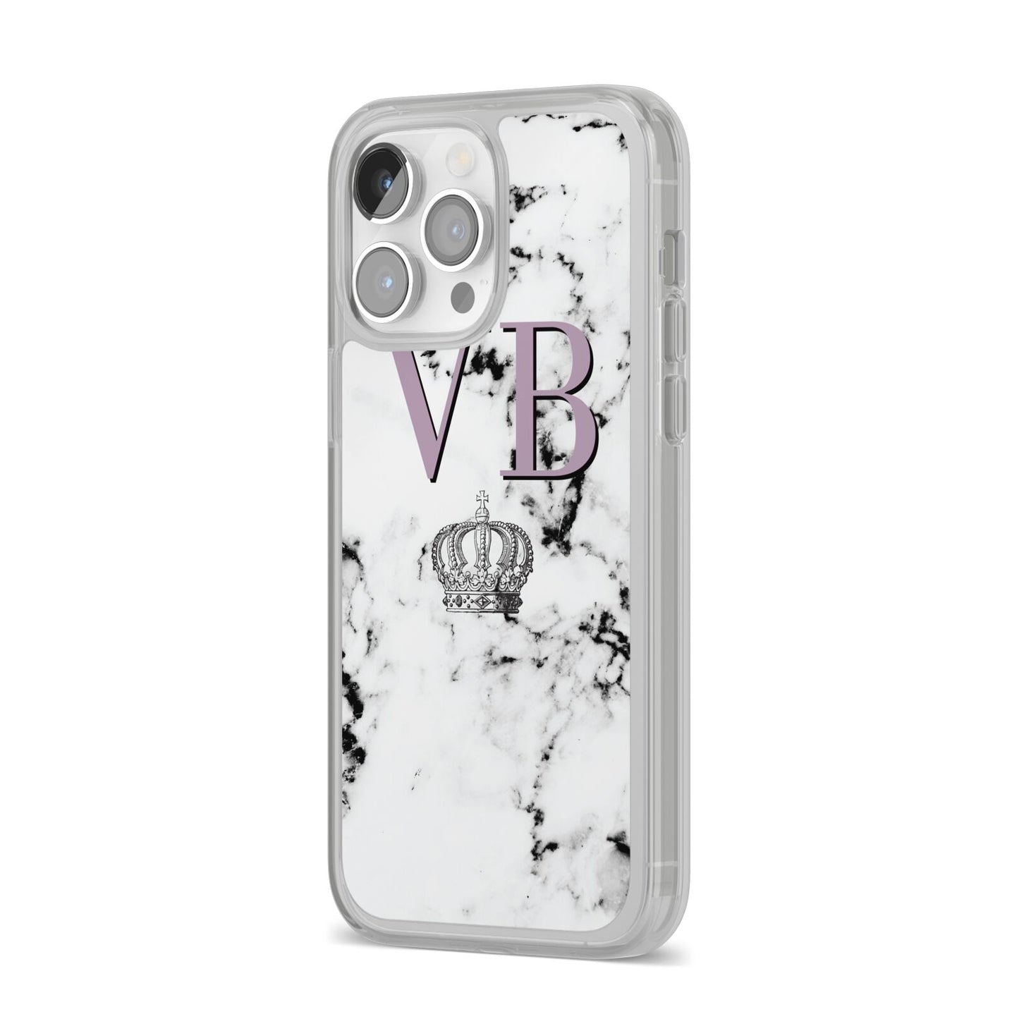 Personalised Princess Crown Initials Marble iPhone 14 Pro Max Clear Tough Case Silver Angled Image