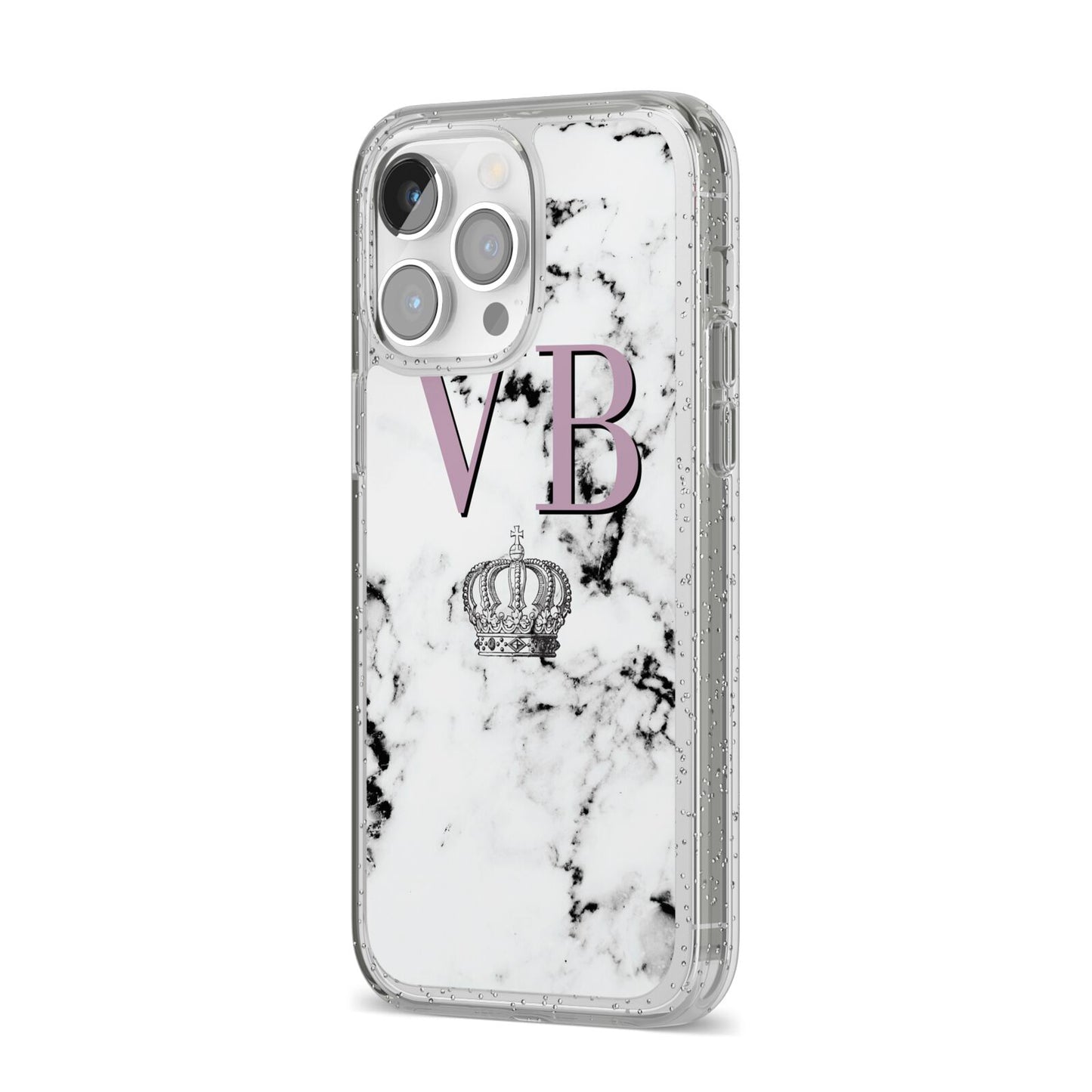 Personalised Princess Crown Initials Marble iPhone 14 Pro Max Glitter Tough Case Silver Angled Image