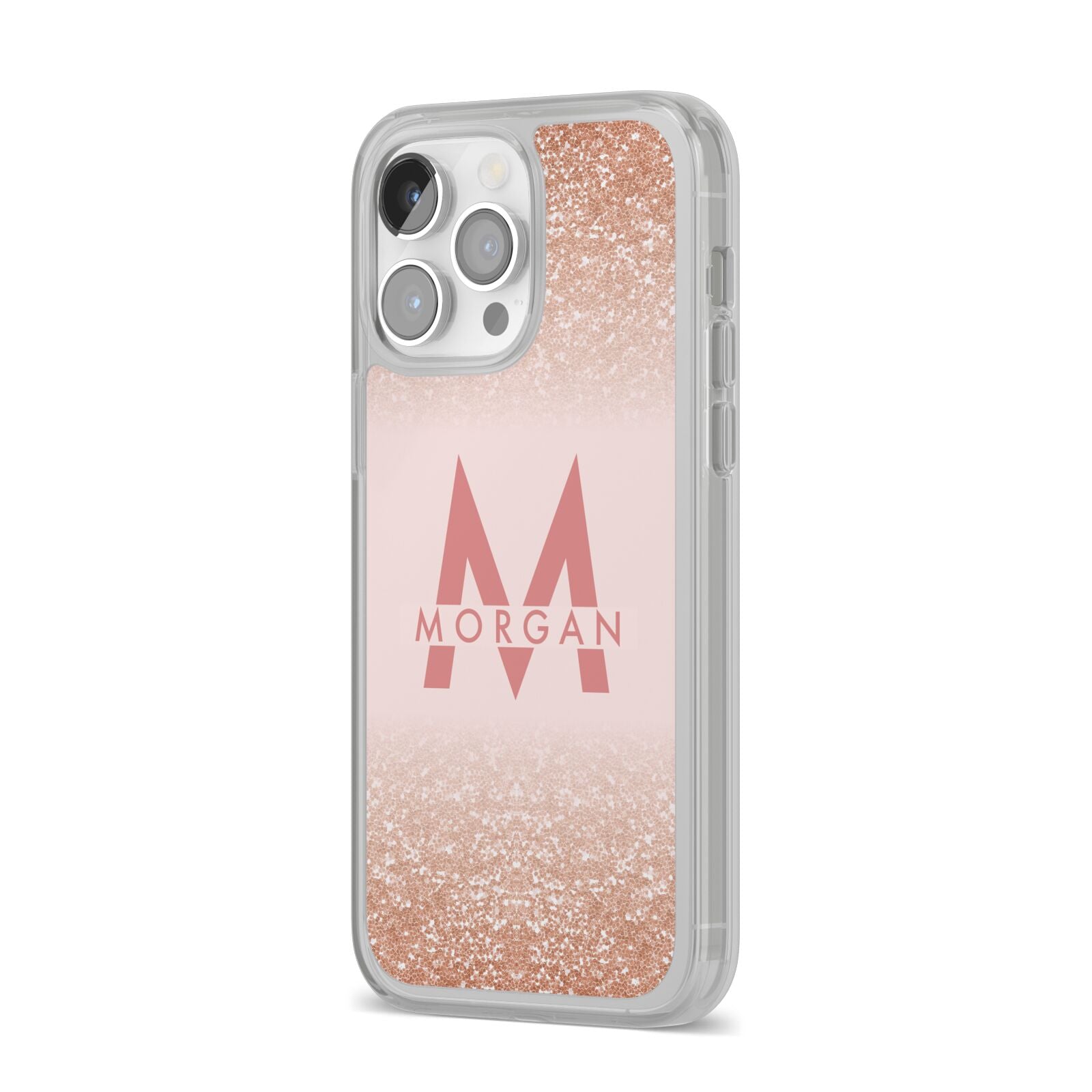 Personalised Printed Glitter Name Initials iPhone 14 Pro Max Clear Tough Case Silver Angled Image