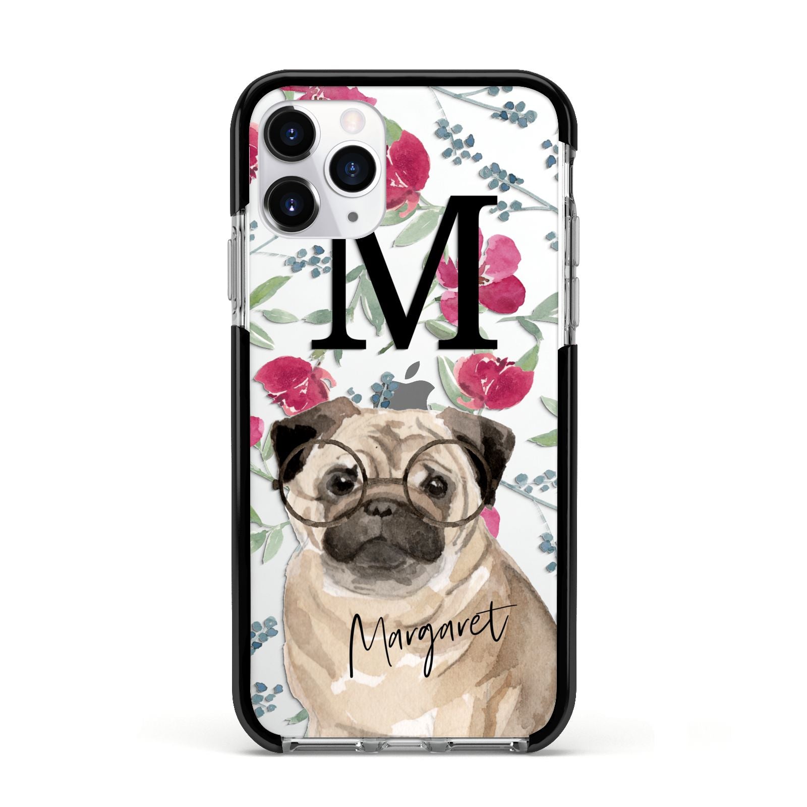 Personalised Pug Dog Apple iPhone 11 Pro in Silver with Black Impact Case