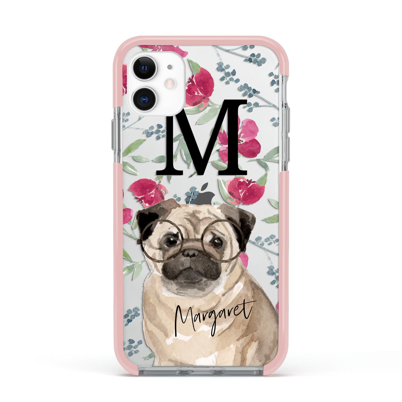 Personalised Pug Dog Apple iPhone 11 in White with Pink Impact Case