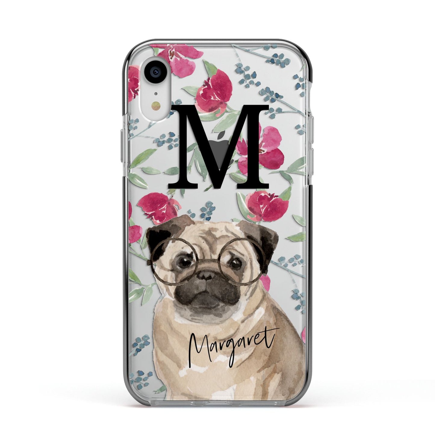 Personalised Pug Dog Apple iPhone XR Impact Case Black Edge on Silver Phone