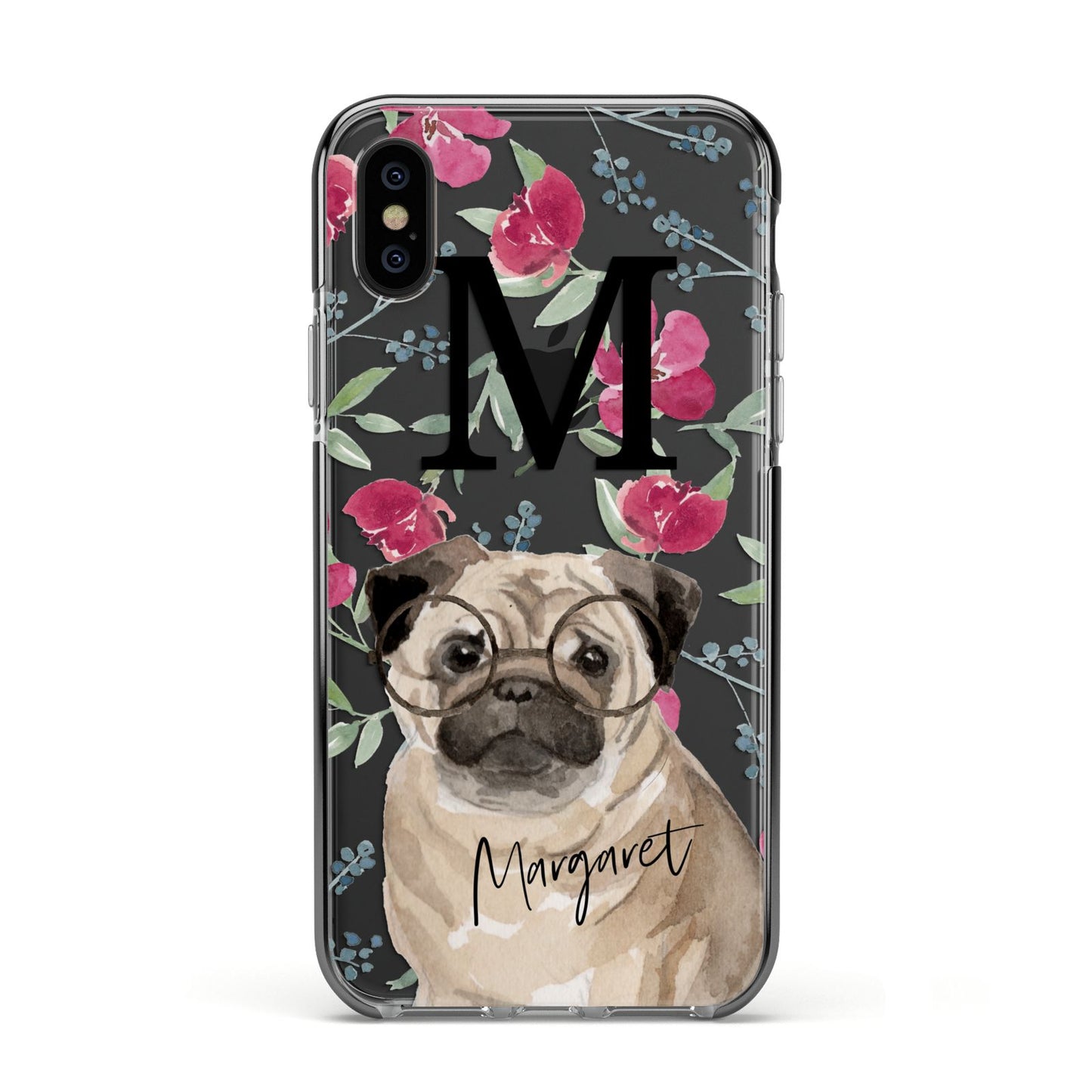 Personalised Pug Dog Apple iPhone Xs Impact Case Black Edge on Black Phone