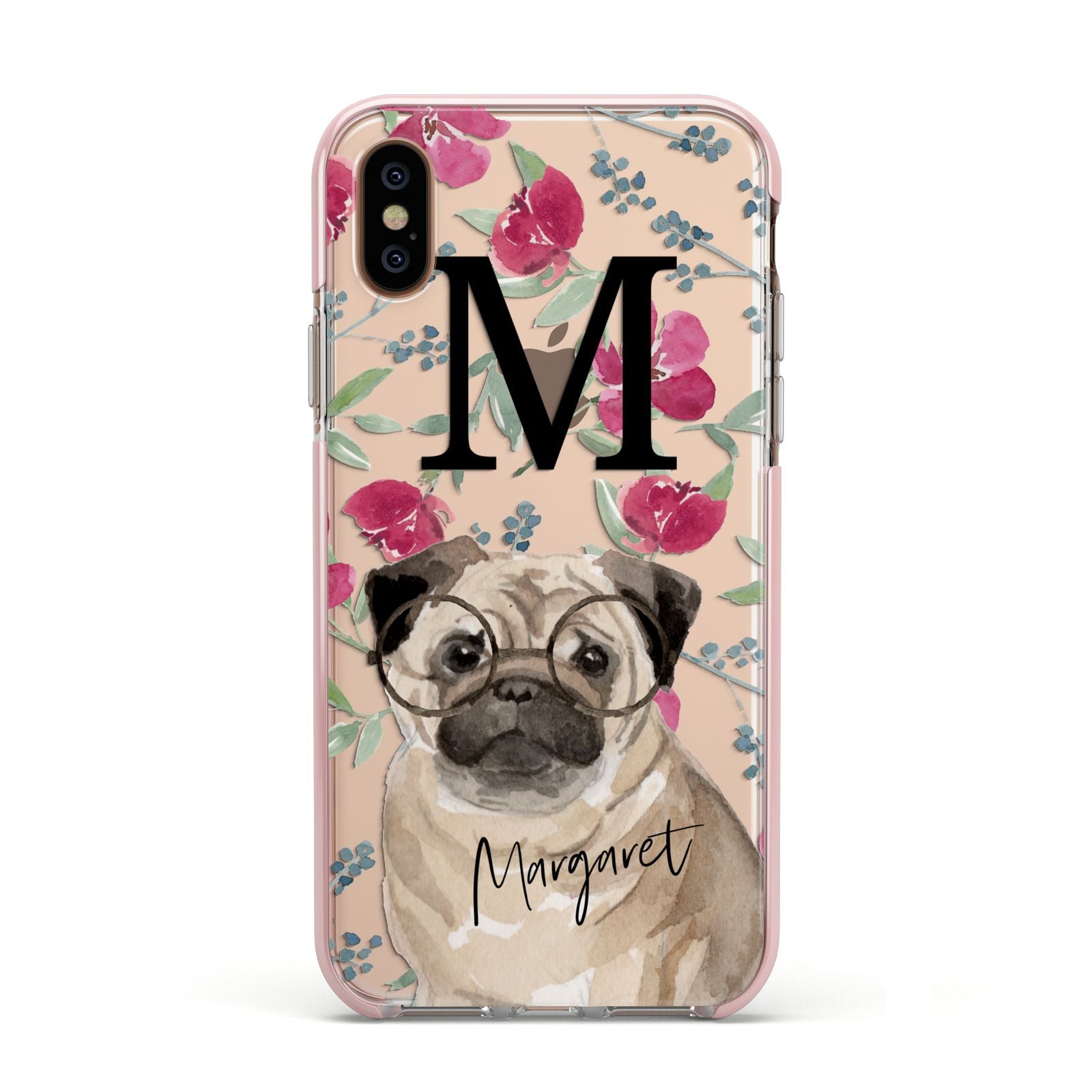 Personalised Pug Dog Apple iPhone Xs Impact Case Pink Edge on Gold Phone