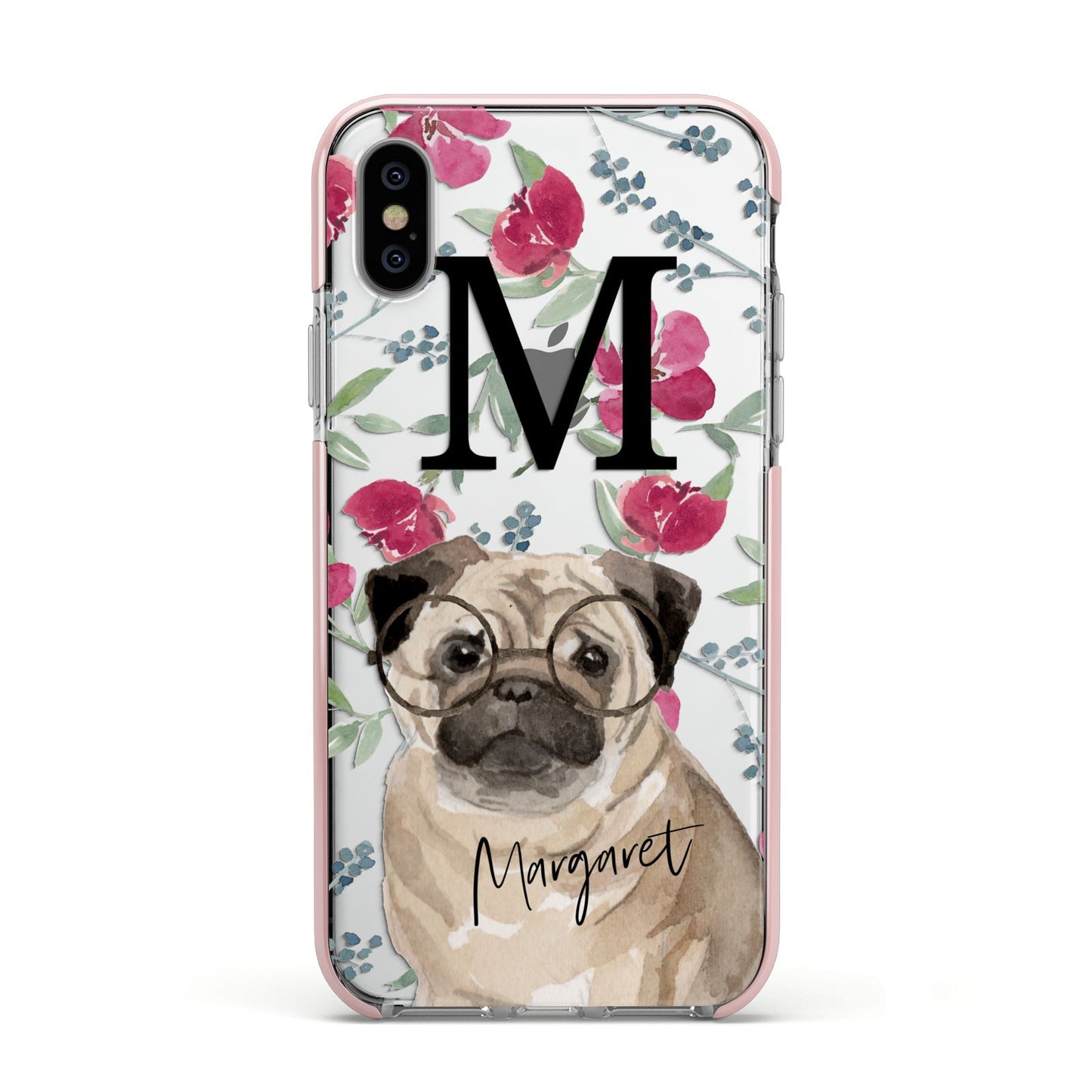 Personalised Pug Dog Apple iPhone Xs Impact Case Pink Edge on Silver Phone