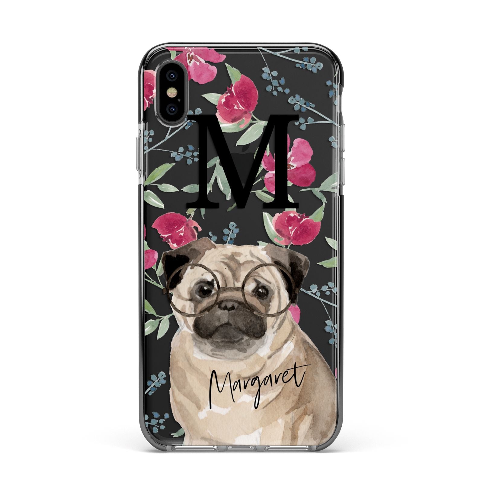 Personalised Pug Dog Apple iPhone Xs Max Impact Case Black Edge on Black Phone