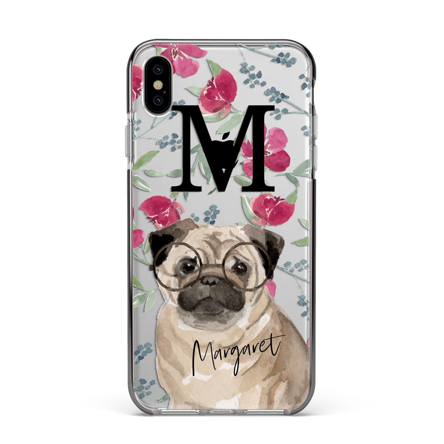 Personalised Pug Dog Apple iPhone Xs Max Impact Case Black Edge on Silver Phone