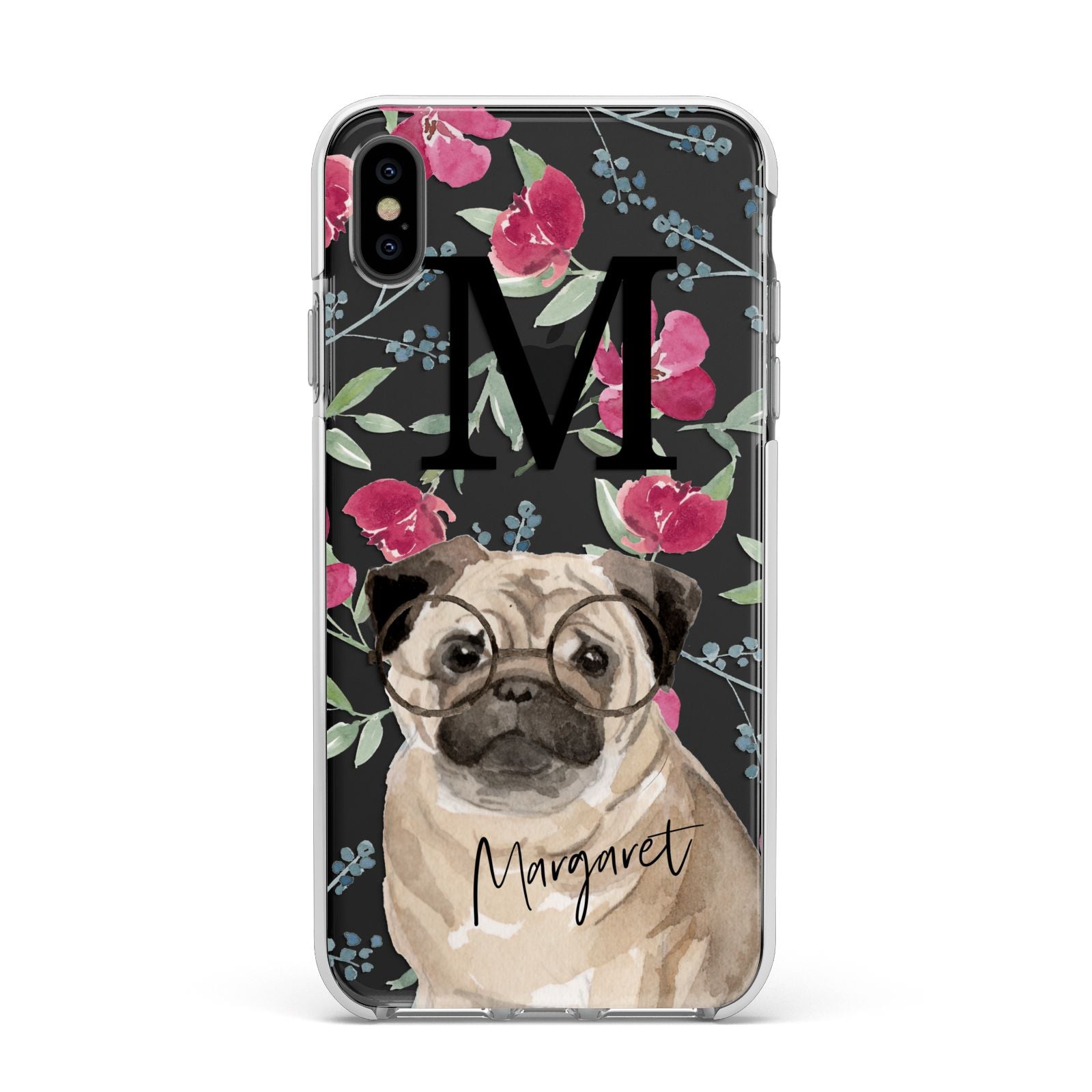 Personalised Pug Dog Apple iPhone Xs Max Impact Case White Edge on Black Phone