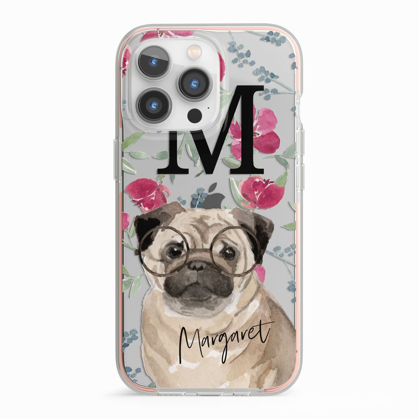 Personalised Pug Dog iPhone 13 Pro TPU Impact Case with Pink Edges
