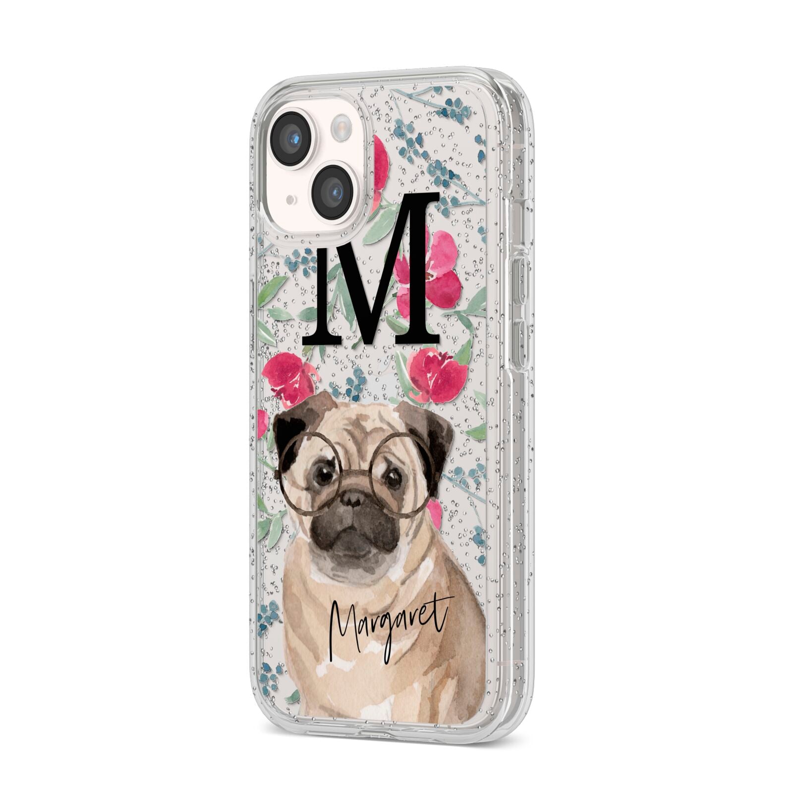 Personalised Pug Dog iPhone 14 Glitter Tough Case Starlight Angled Image