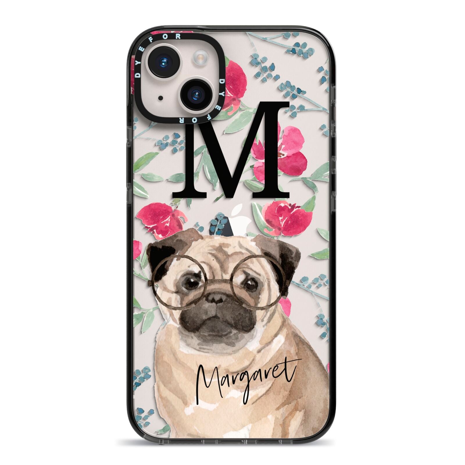 Personalised Pug Dog iPhone 14 Plus Black Impact Case on Silver phone